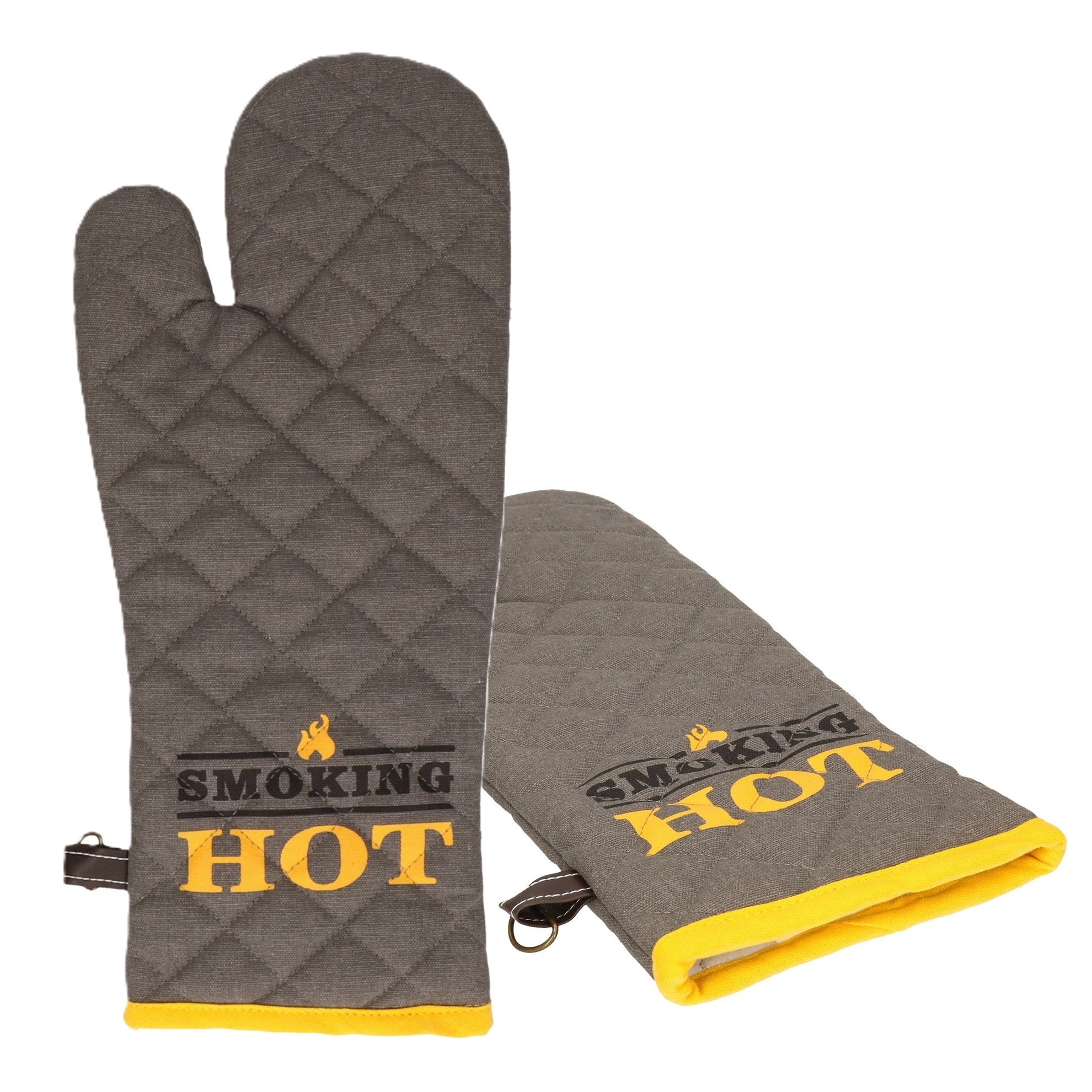 BBQ handschoenen 2x hittebestendig tot 250 graden donker grijs-geel katoen ovenwanten