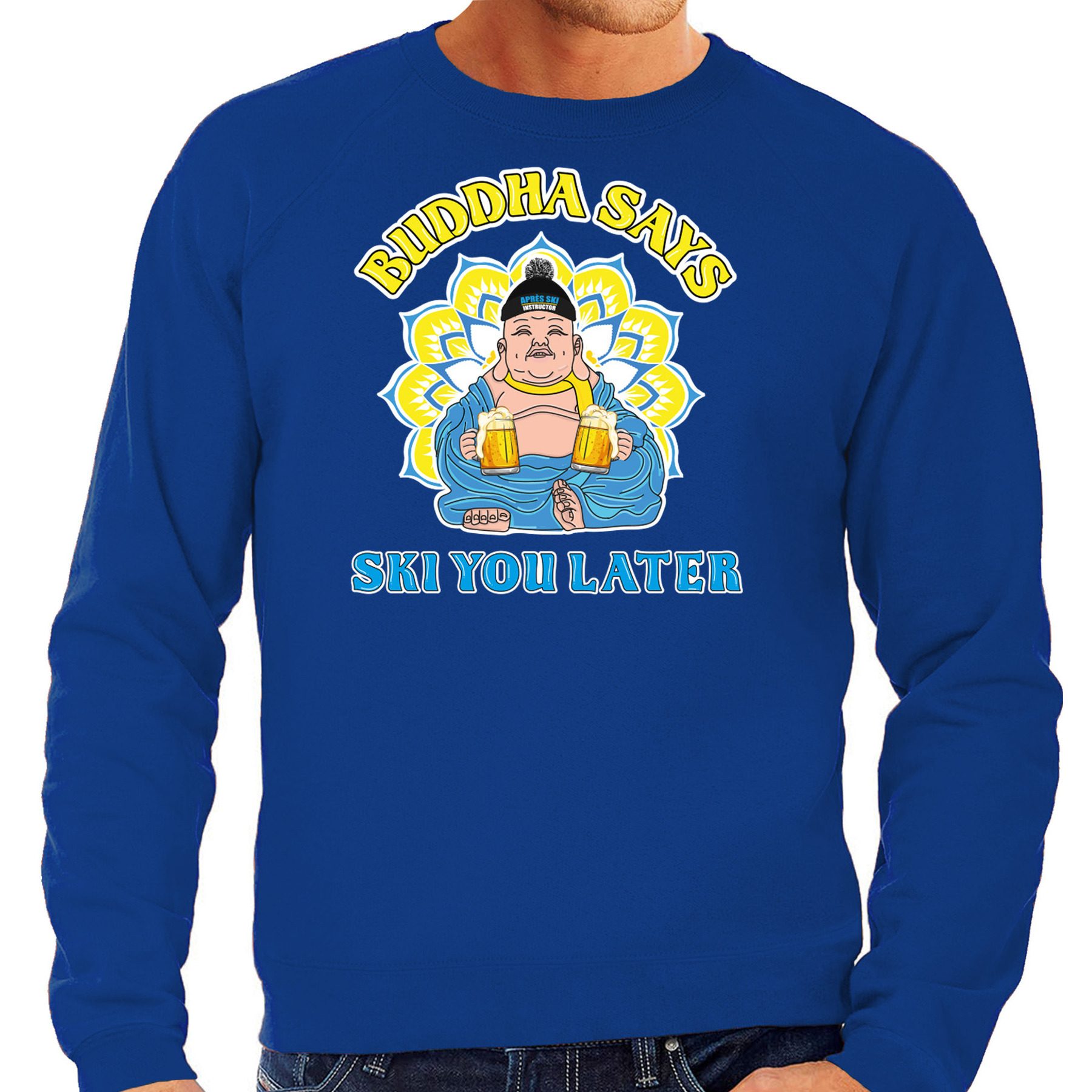 Bellatio Decorations Apres ski sweater voor heren Buddha says ski you later blauw wintersport