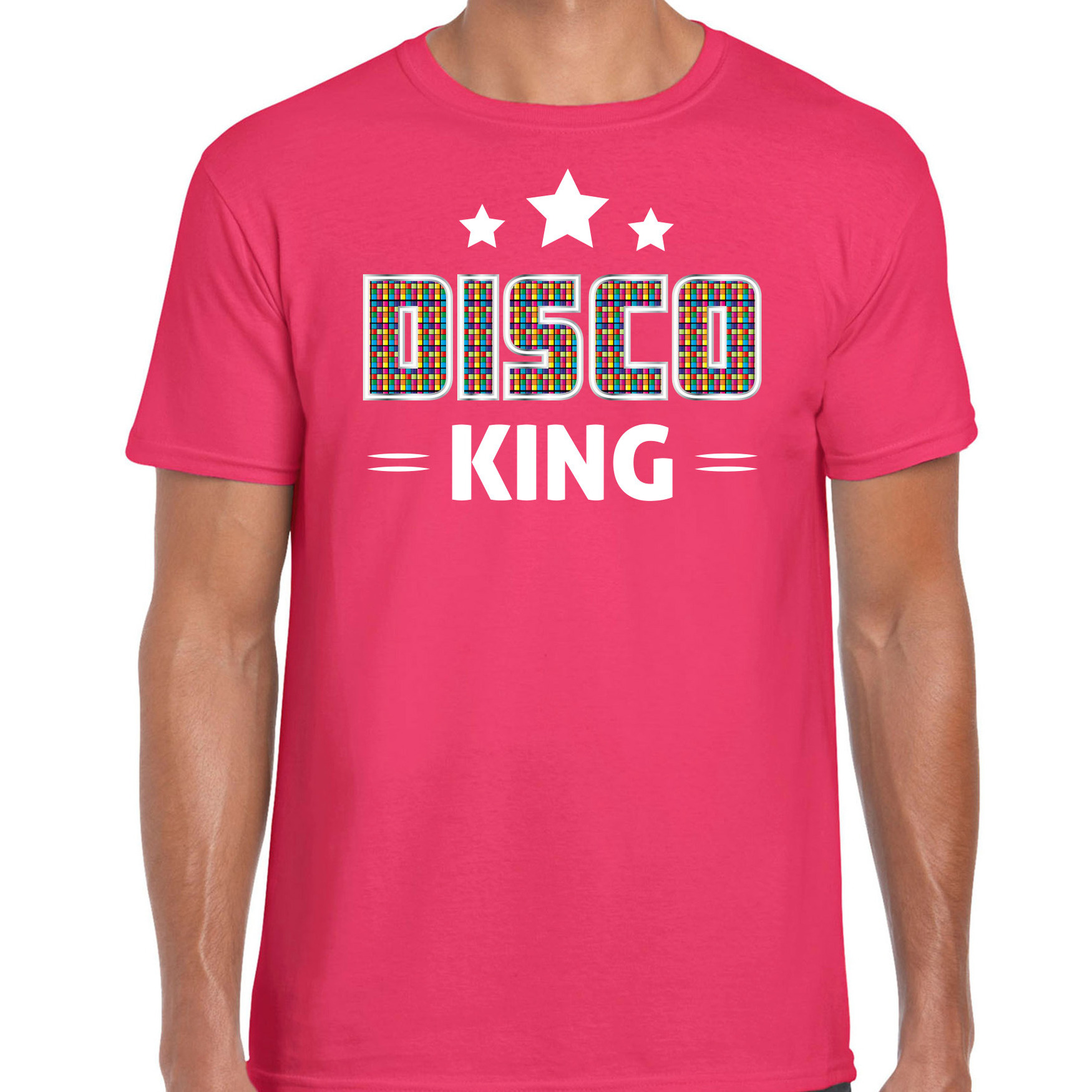 Bellatio Decorations disco verkleed t-shirt heren jaren 80 feest outfit disco king roze