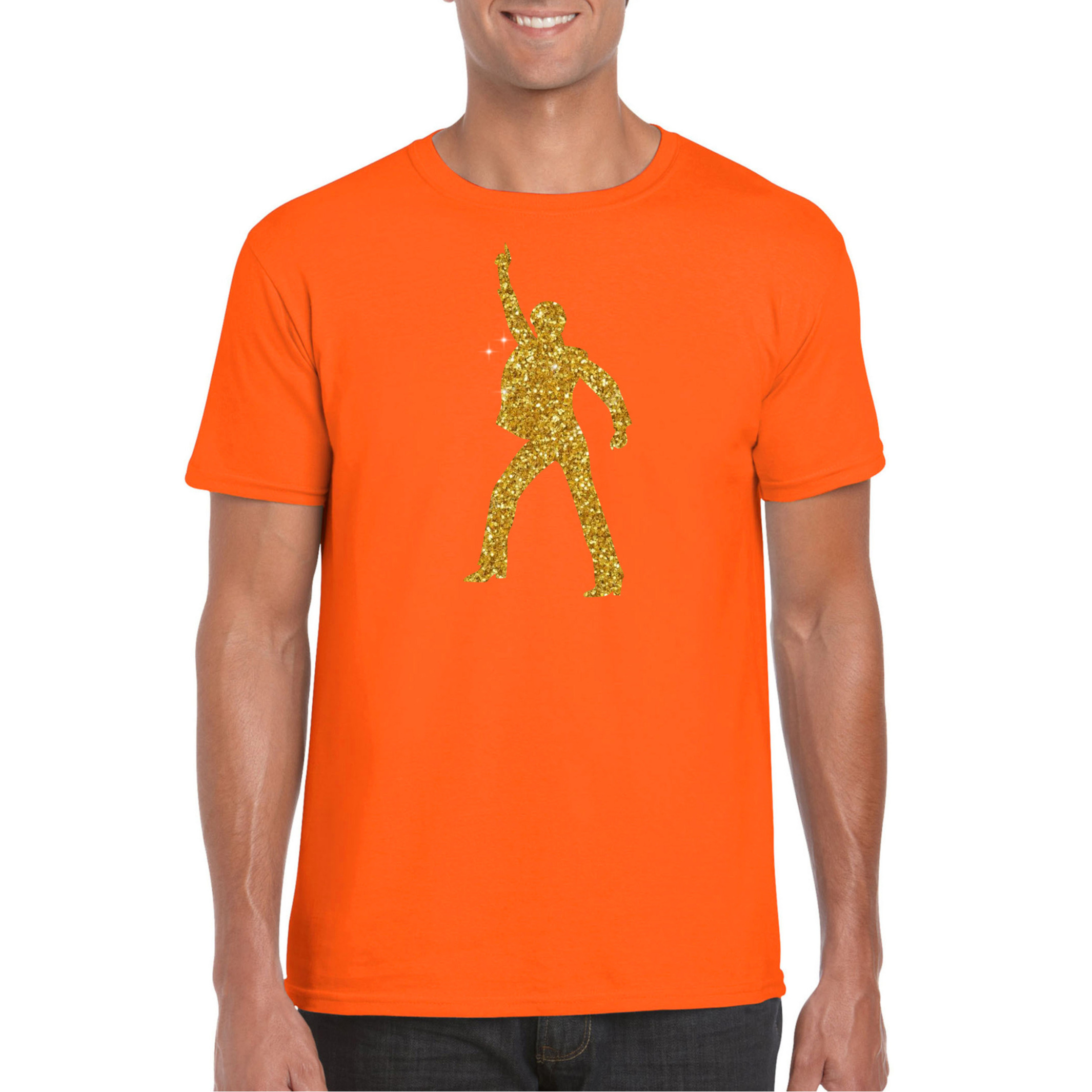 Bellatio Decorations disco verkleed t-shirt voor heren oranje gouden glitter jaren 70-80