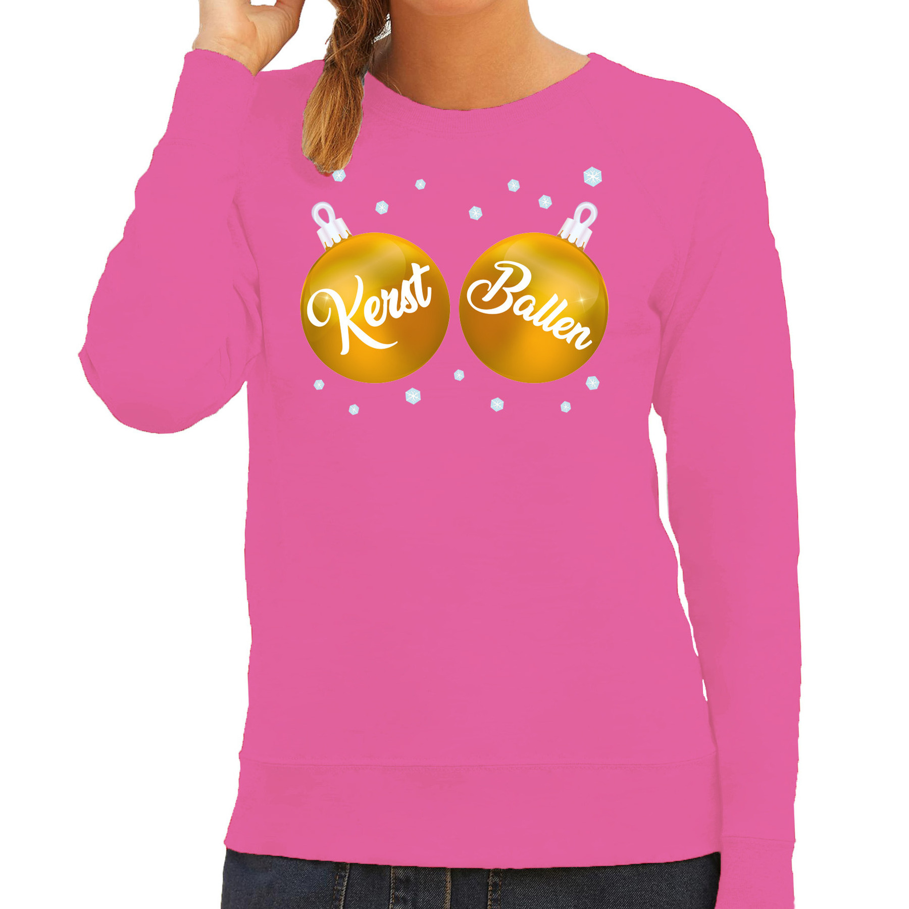 Bellatio Decorations Foute kersttrui-sweater dames kerstballen roze gouden ballen kerst bal