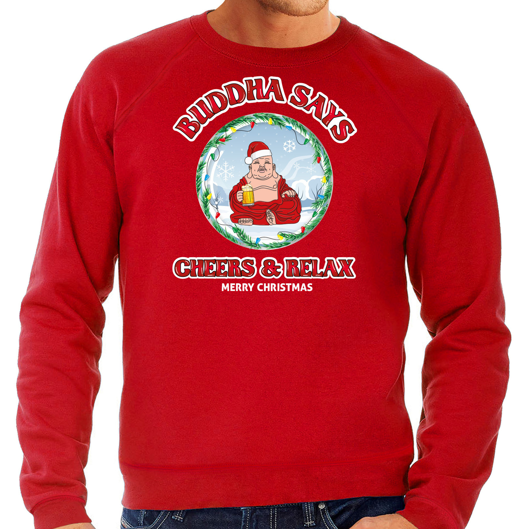 Bellatio Decorations foute Kersttrui-sweater heren buddha says cheers & relax rood bier
