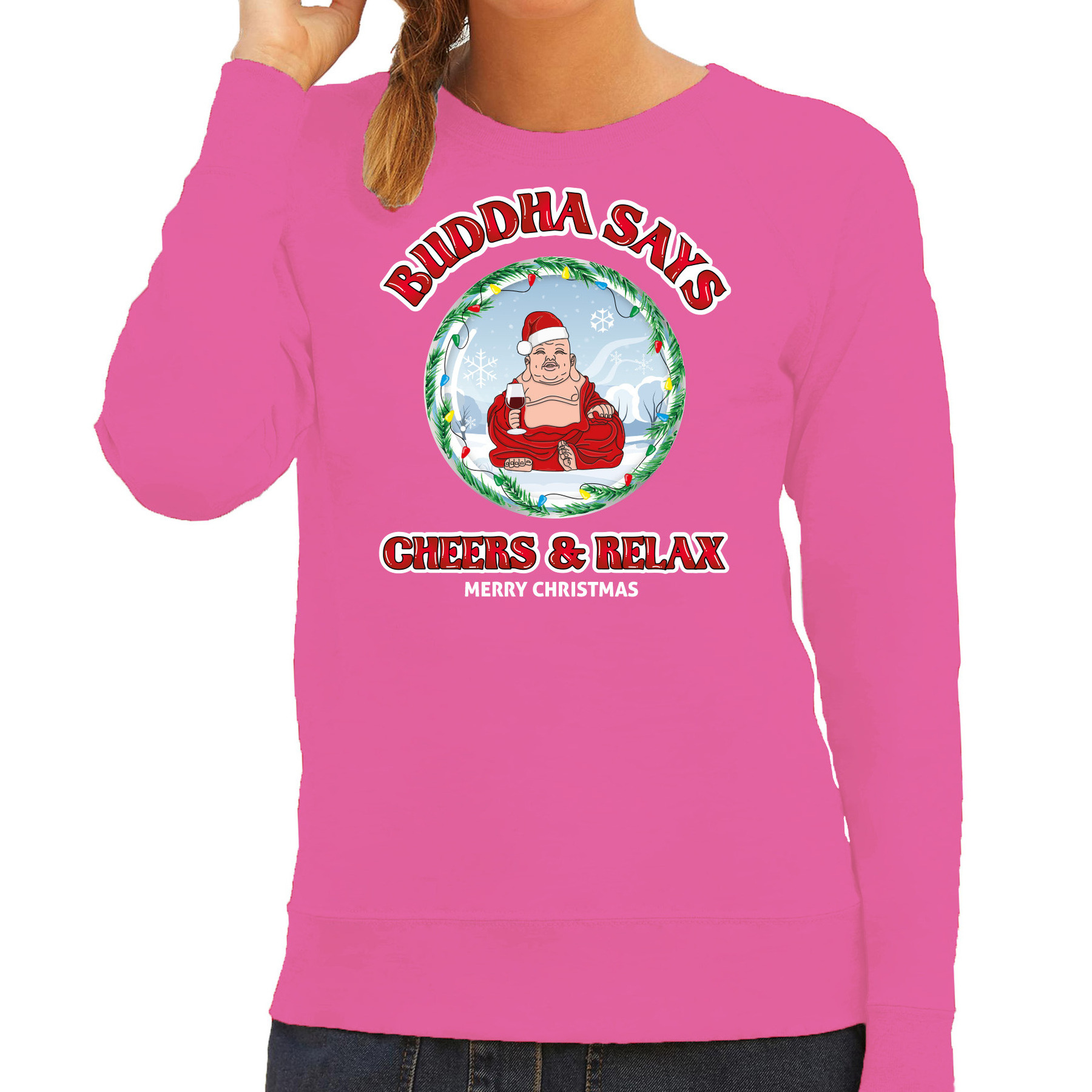 Bellatio Decorations foute Kersttrui-sweater voor dames buddha says cheers & relax roze wijn
