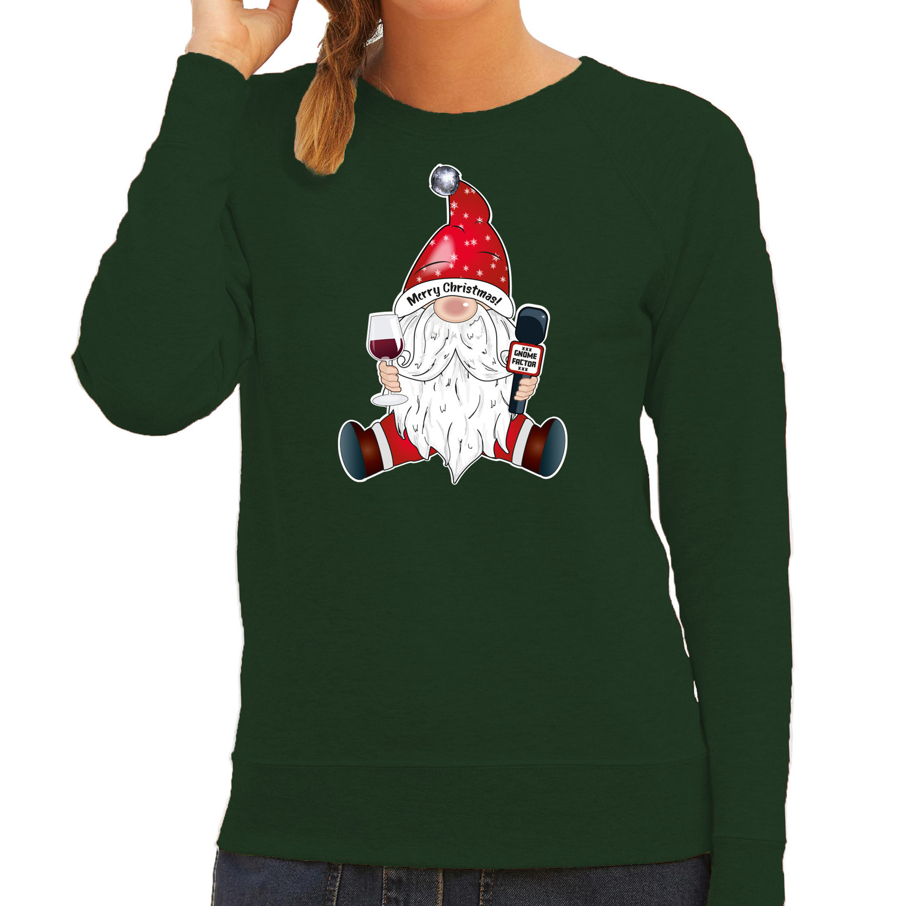 Bellatio Decorations foute kersttrui-sweater voor dames karaoke gnoom groen kerstkabouter