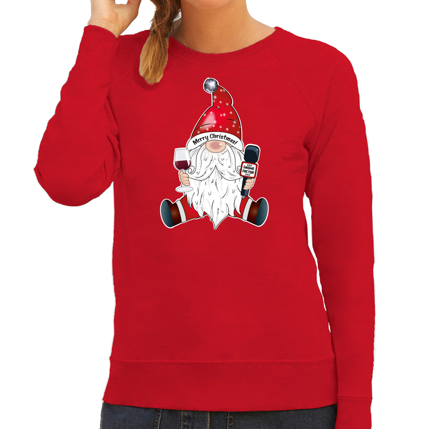 Bellatio Decorations foute kersttrui-sweater voor dames karaoke gnoom rood kerstkabouter
