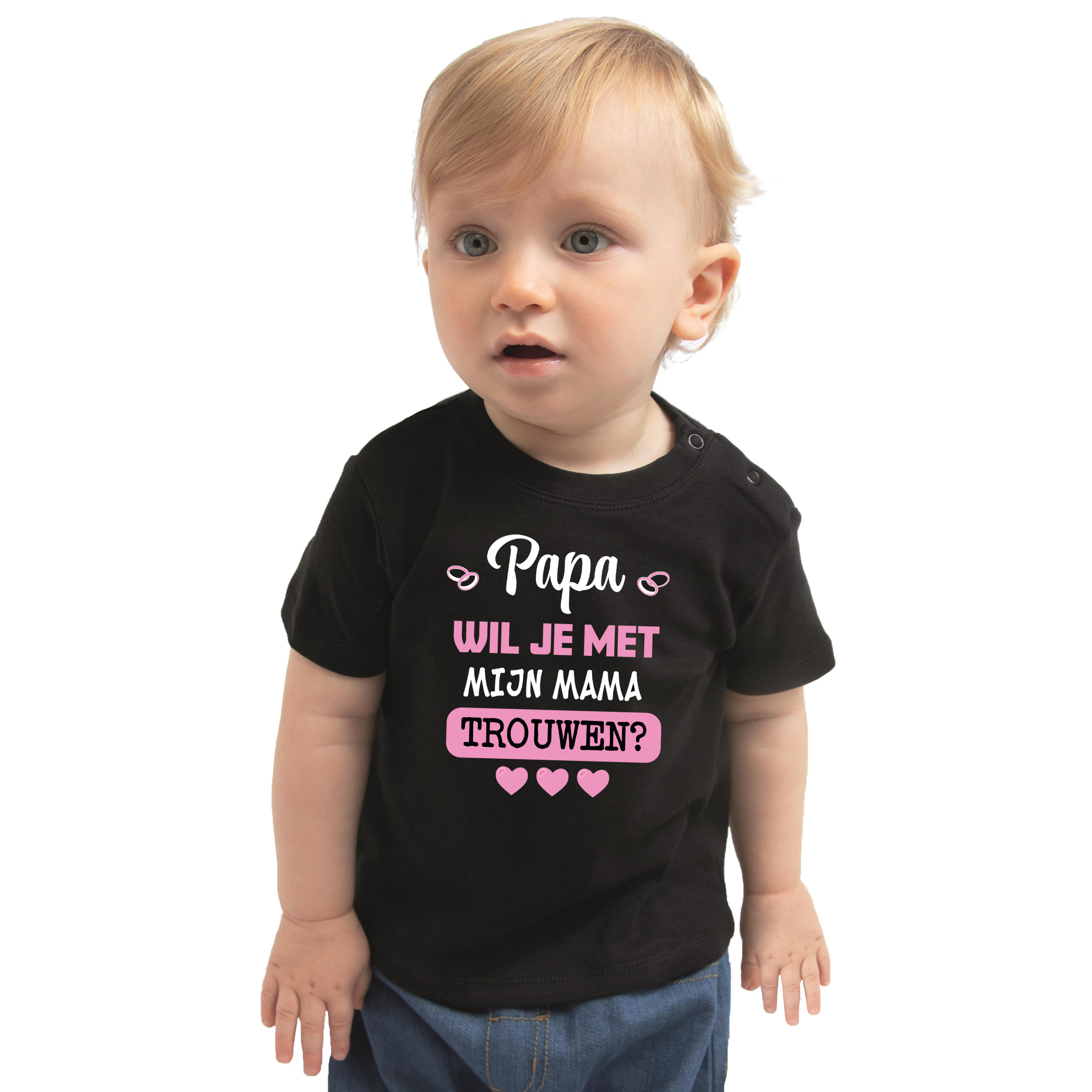 Bellatio Decorations huwelijksaanzoek baby t-shirt Papa-Mama zwart bruiloft-trouwen