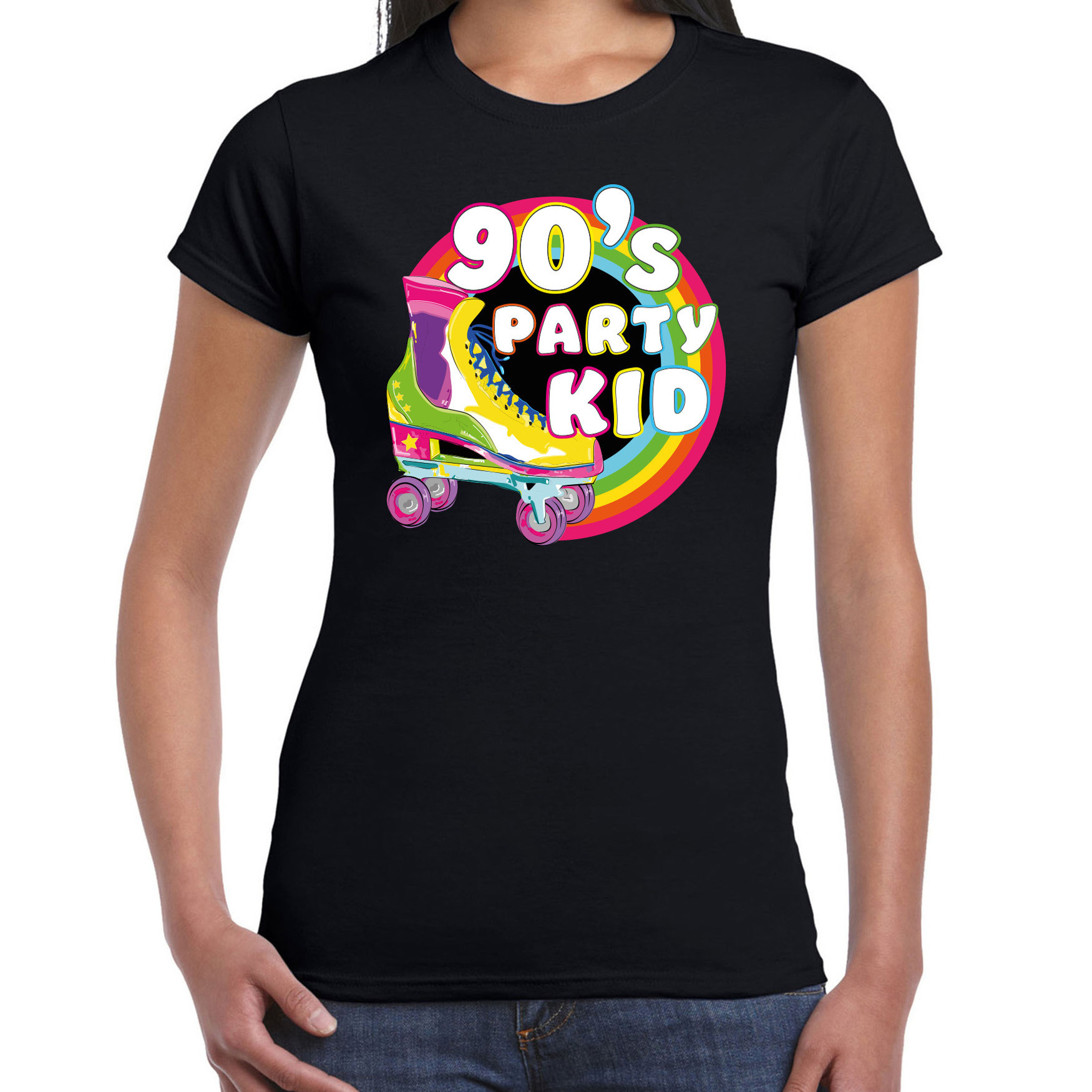 Bellatio Decorations nineties party verkleed t-shirt dames jaren 90 feest outfit 90s party kid zwart