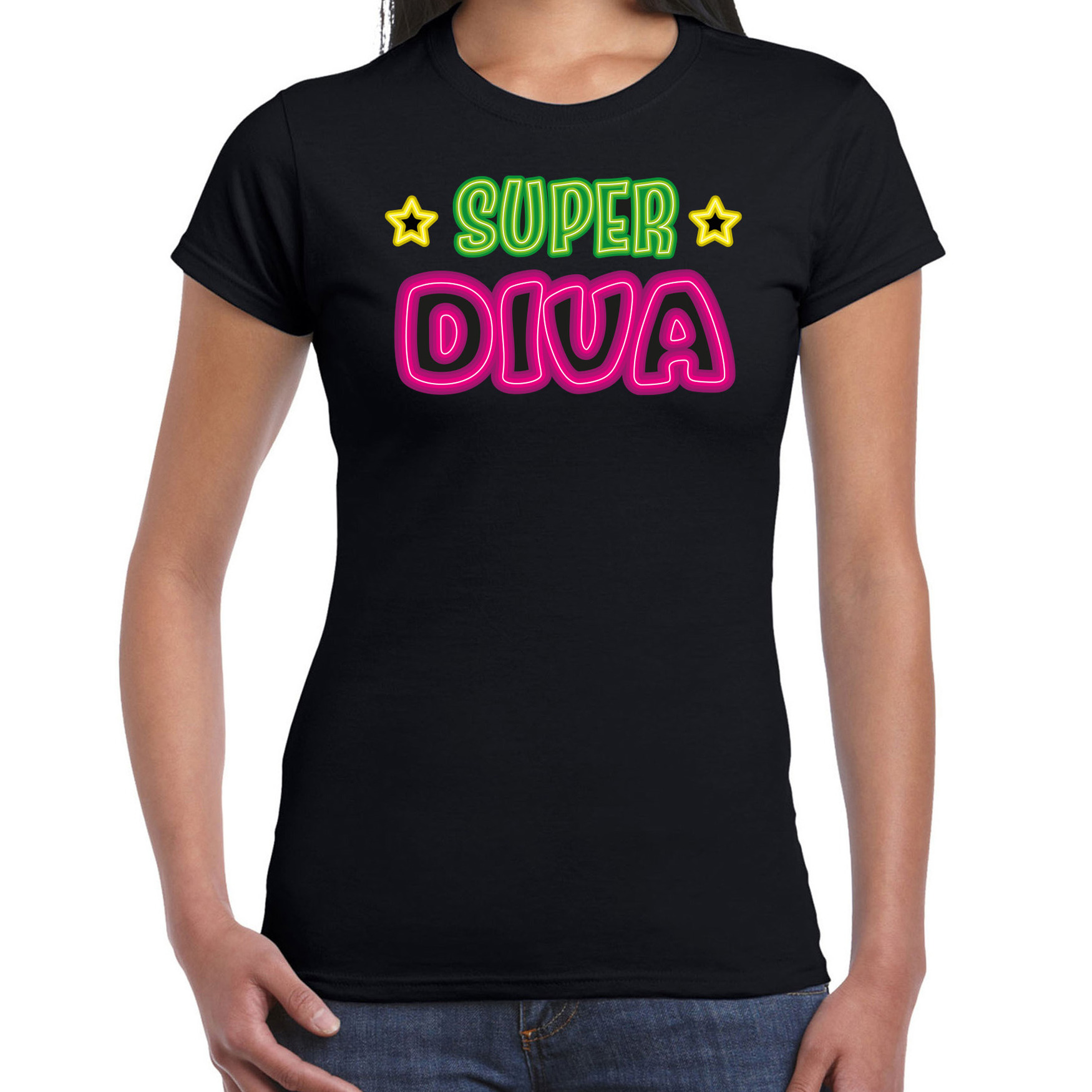 Bellatio Decorations verkleed t-shirt dames Super diva zwart neon letters carnaval