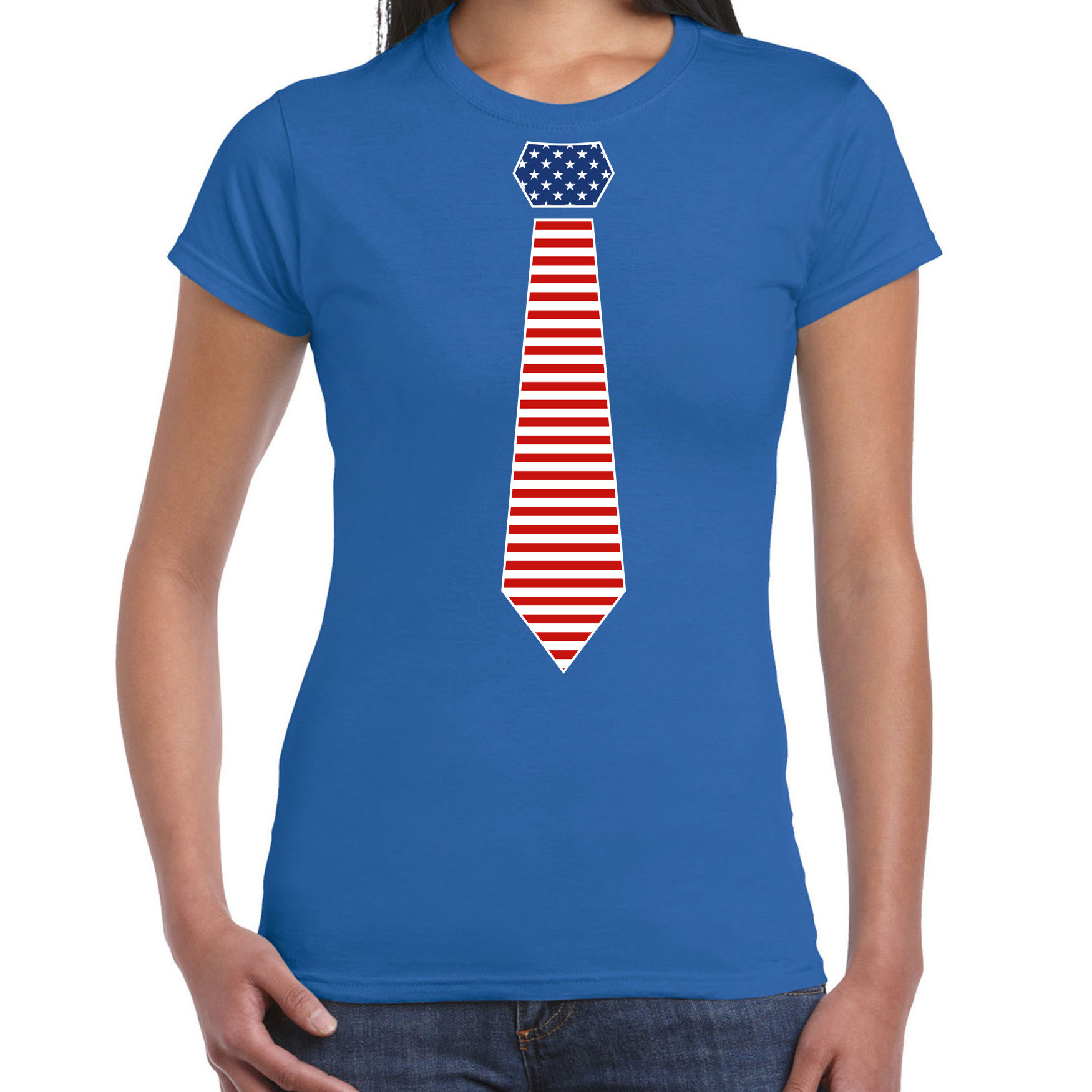 Bellatio Decorations verkleed t-shirt voor dames Amerikaanse stopdas blauw themafeest