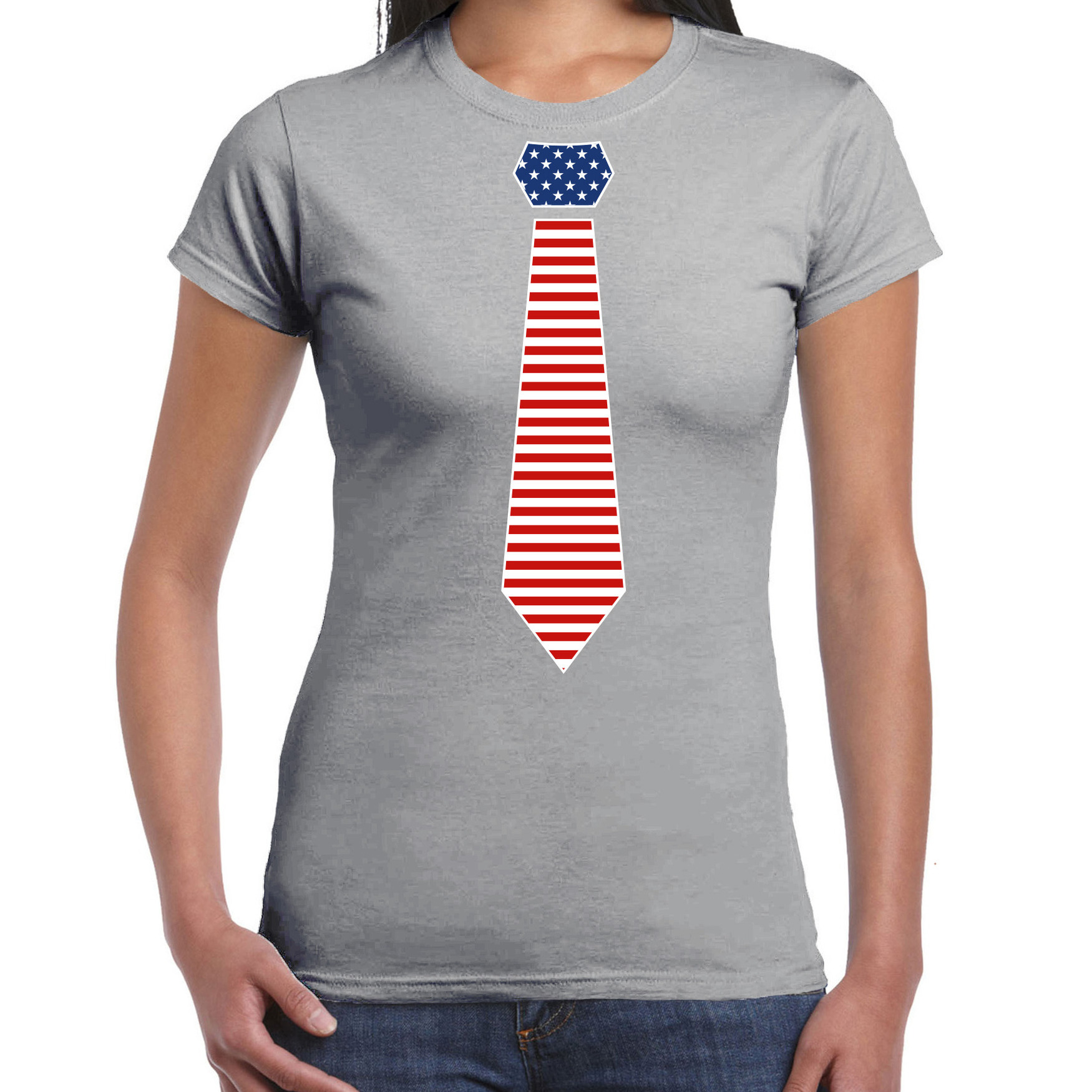 Bellatio Decorations verkleed t-shirt voor dames Amerikaanse stopdas grijs themafeest