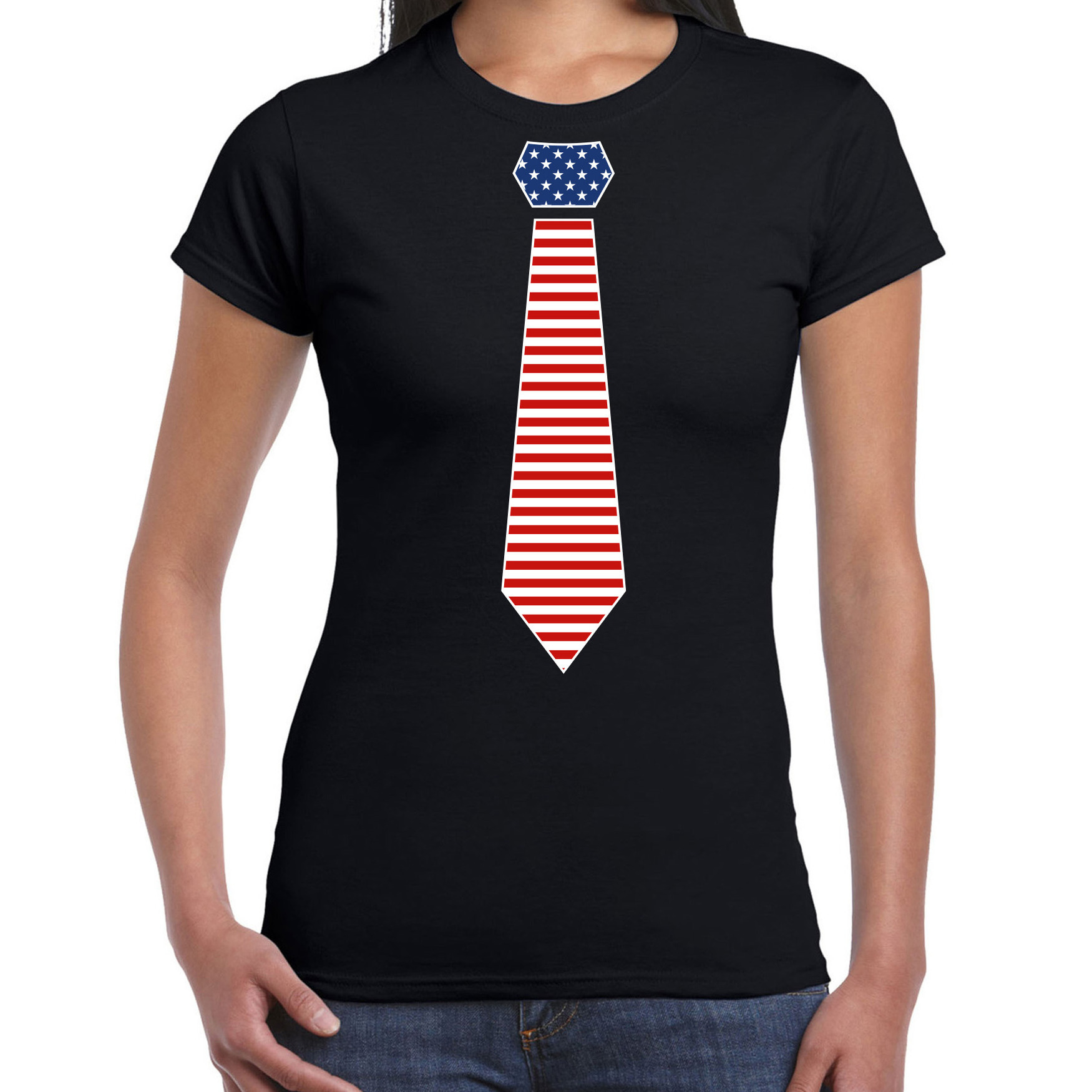 Bellatio Decorations verkleed t-shirt voor dames Amerikaanse stopdas zwart themafeest