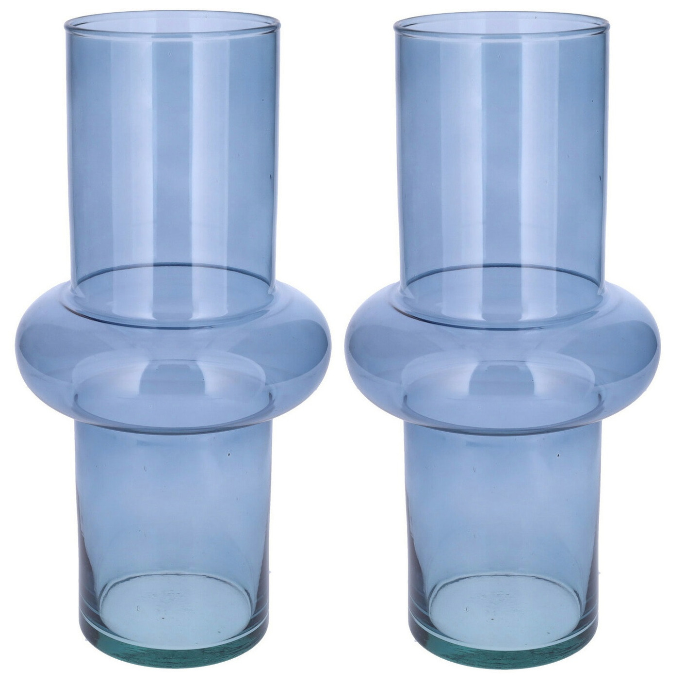 Bellatio Design Bloemenvaas 2x blauw transparant gerecycled glas D15 x H31 cm