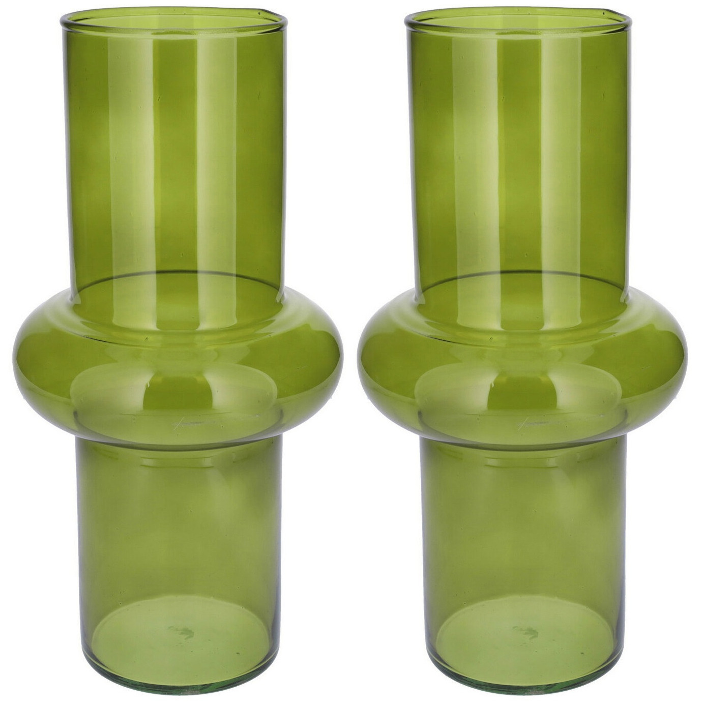 Bellatio Design Bloemenvaas 2x groen transparant gerecycled glas D15 x H31 cm