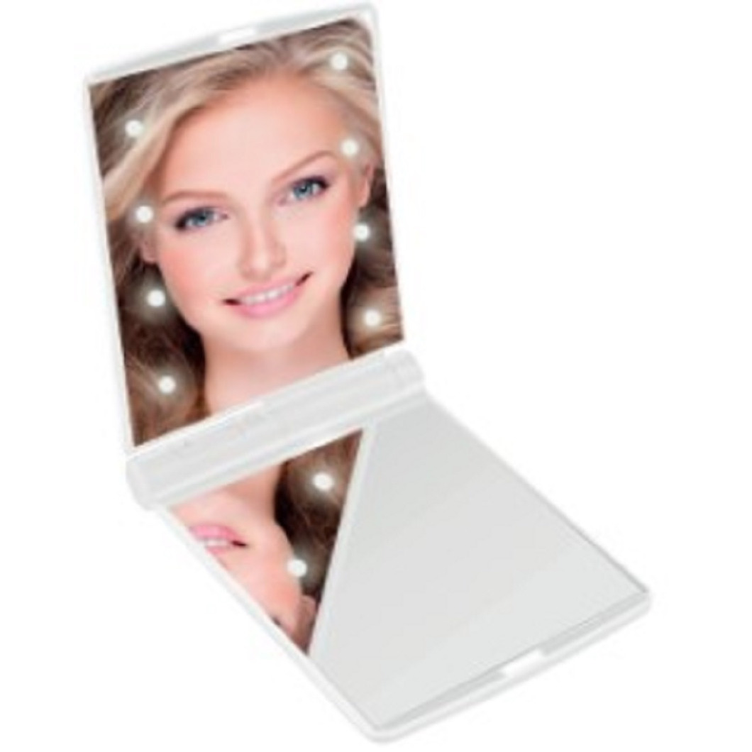 Benson LED Make-up spiegel-handspiegel-zakspiegel wit 11,5 x 8,5 cm dubbelzijdig