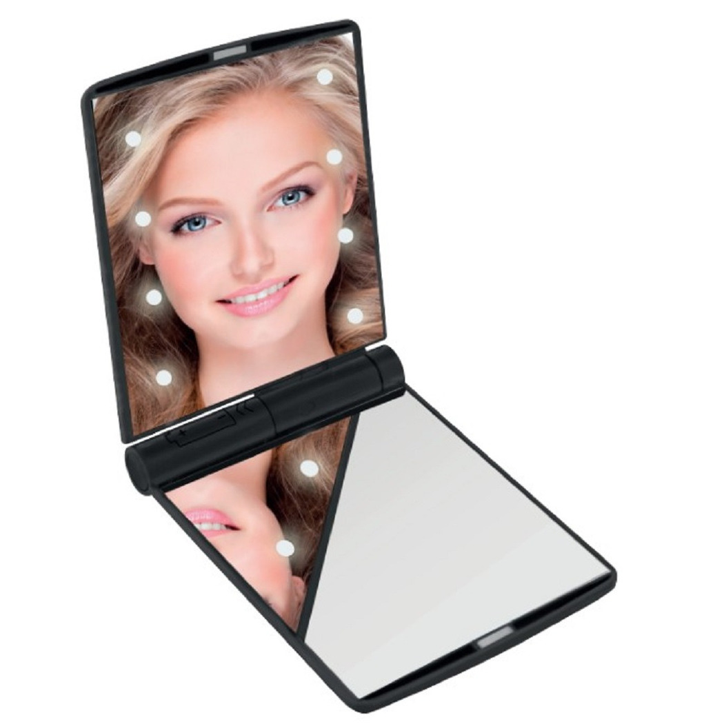 Benson LED Make-up spiegel-handspiegel-zakspiegel zwart 11,5 x 8,5 cm dubbelzijdig