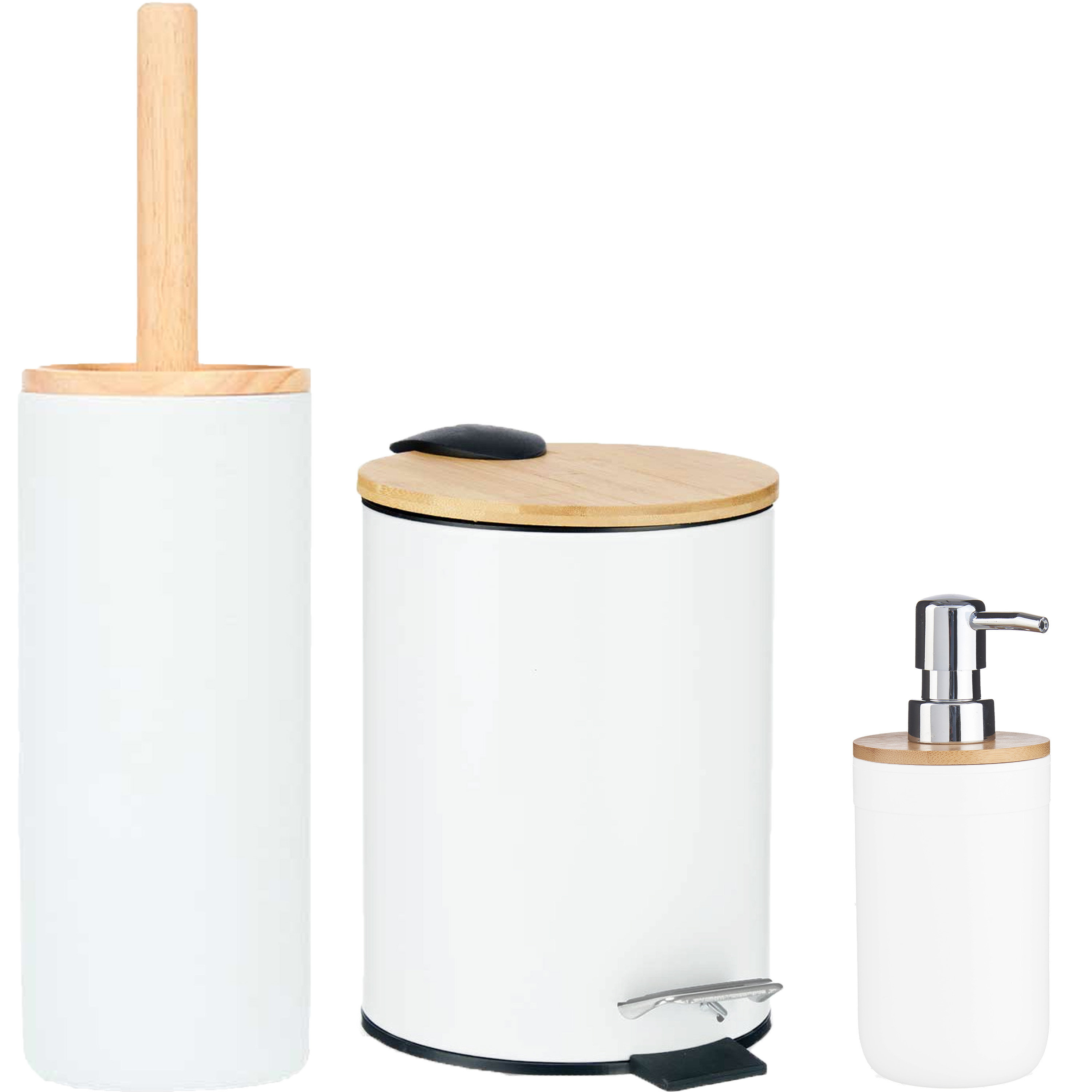 Berilo badkamer accesoires set Malaga toiletborstel-pedaalemmer-zeeppomje wit