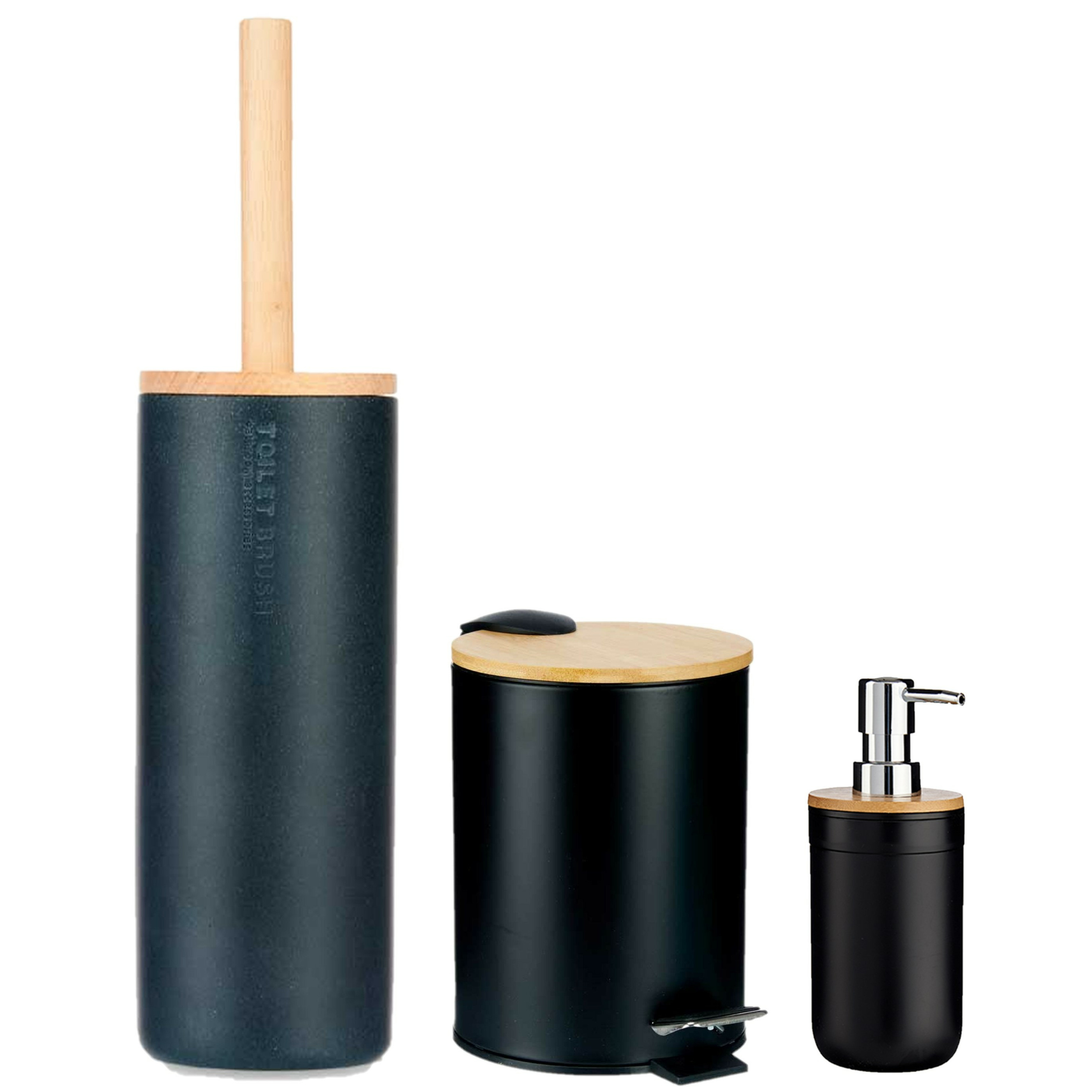 Berilo badkamer accesoires set Malaga toiletborstel-pedaalemmer-zeeppomje zwart