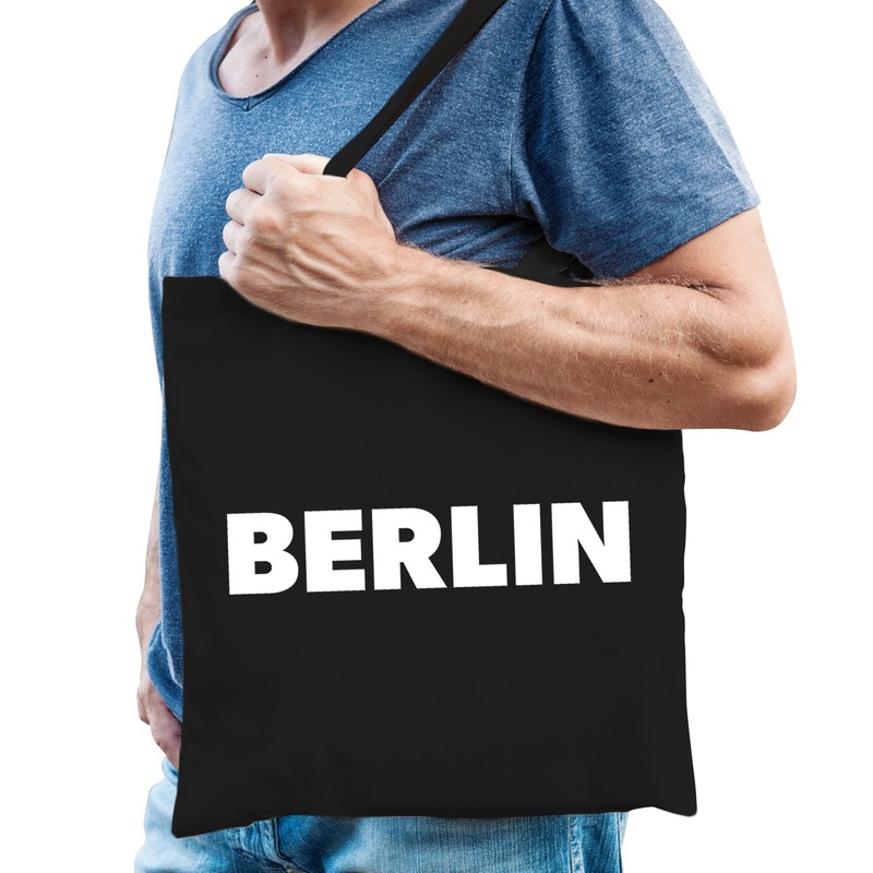 Berlijn schoudertas zwart katoen met Berlin bedrukking