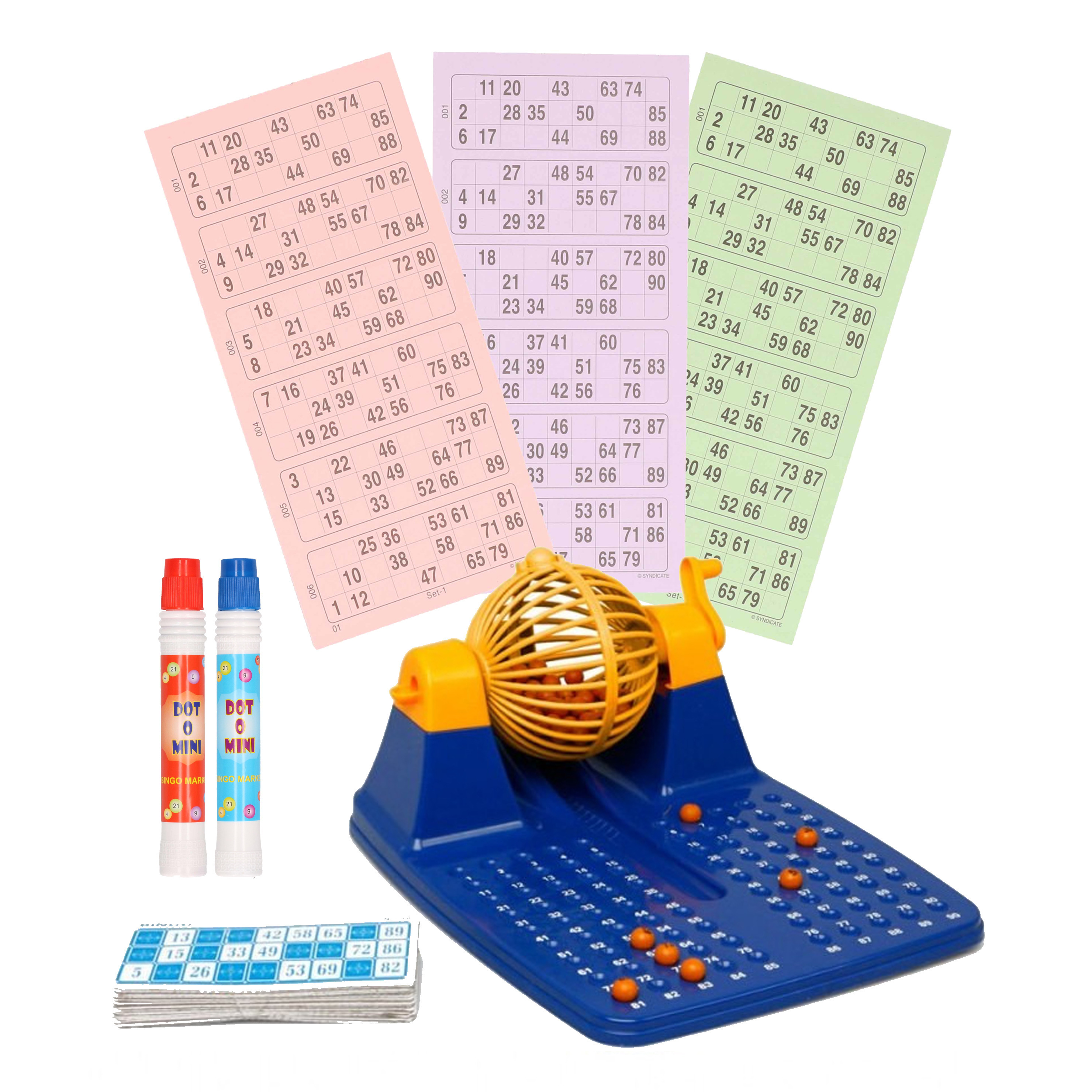 Bingospel blauw-geel-oranje 1-90 met bingomolen, 48 bingokaarten en 2 bingostiften