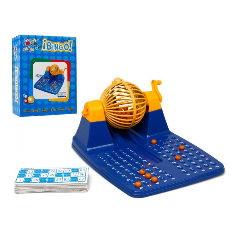 Bingospel blauw-geel-oranje 1-90 met bingomolen en 48 bingokaarten