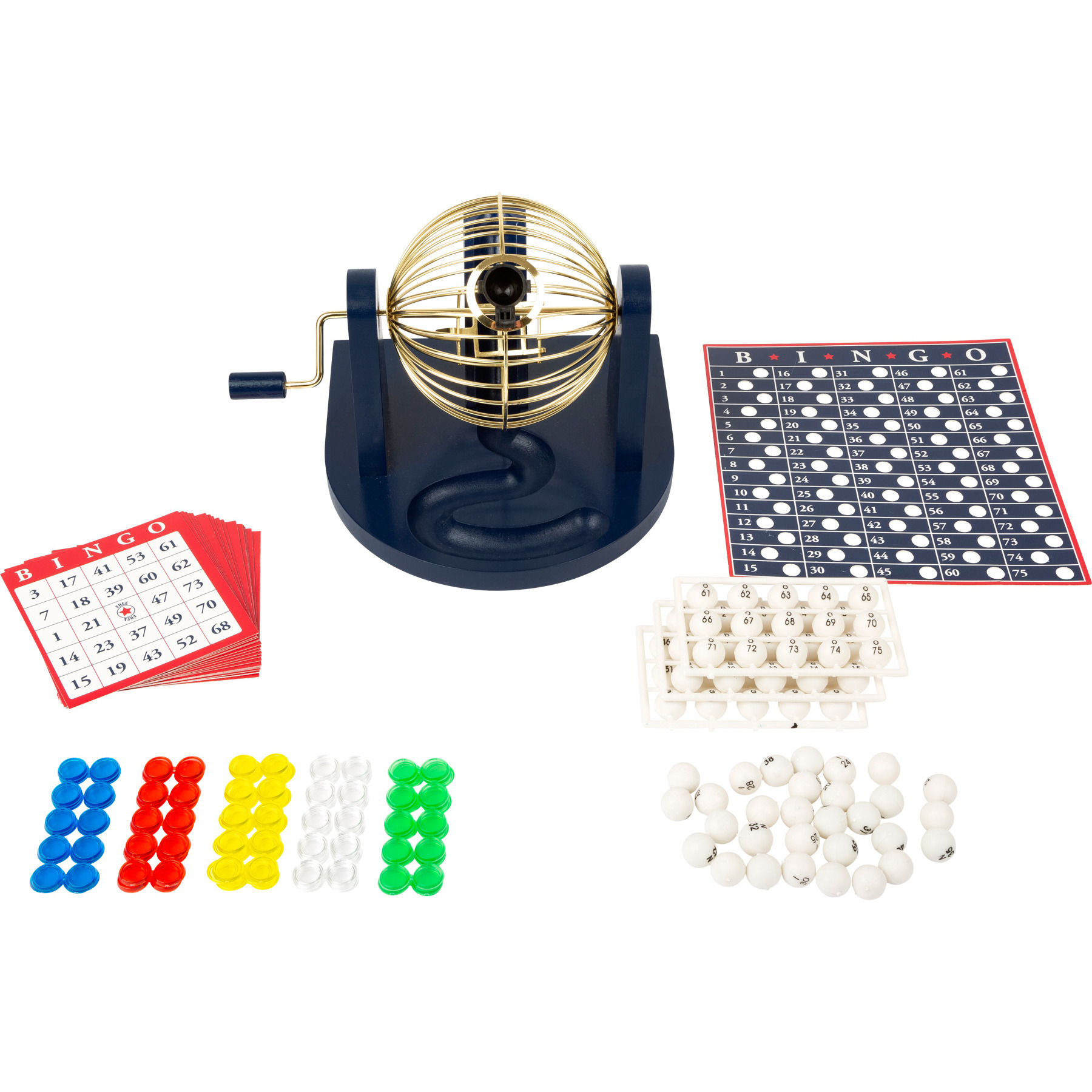 Bingospel blauw-goud-wit 1-75 met bingomolen en 17 bingokaarten