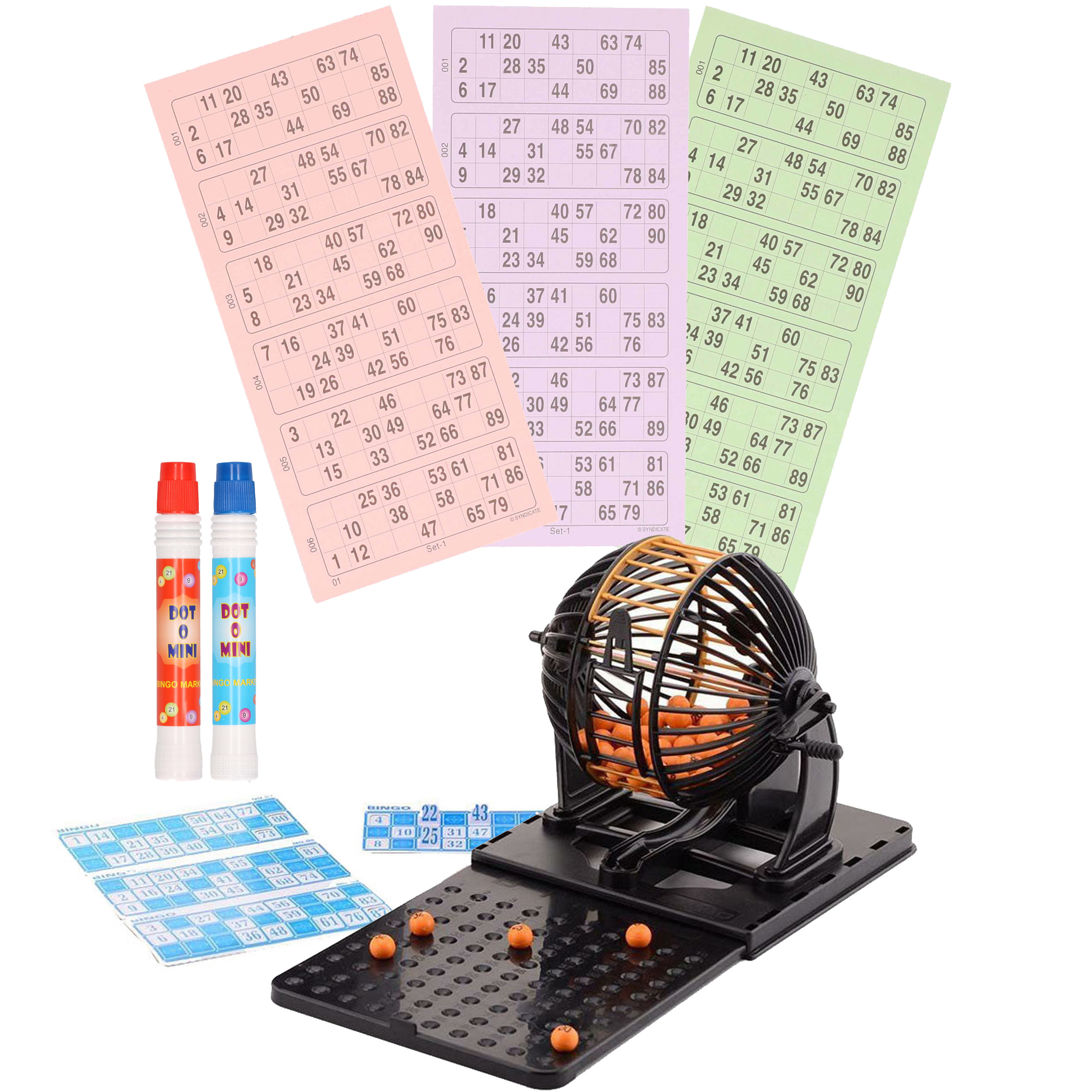 Bingospel zwart-oranje 1-90 met bingomolen, 148 bingokaarten en 2 bingostiften