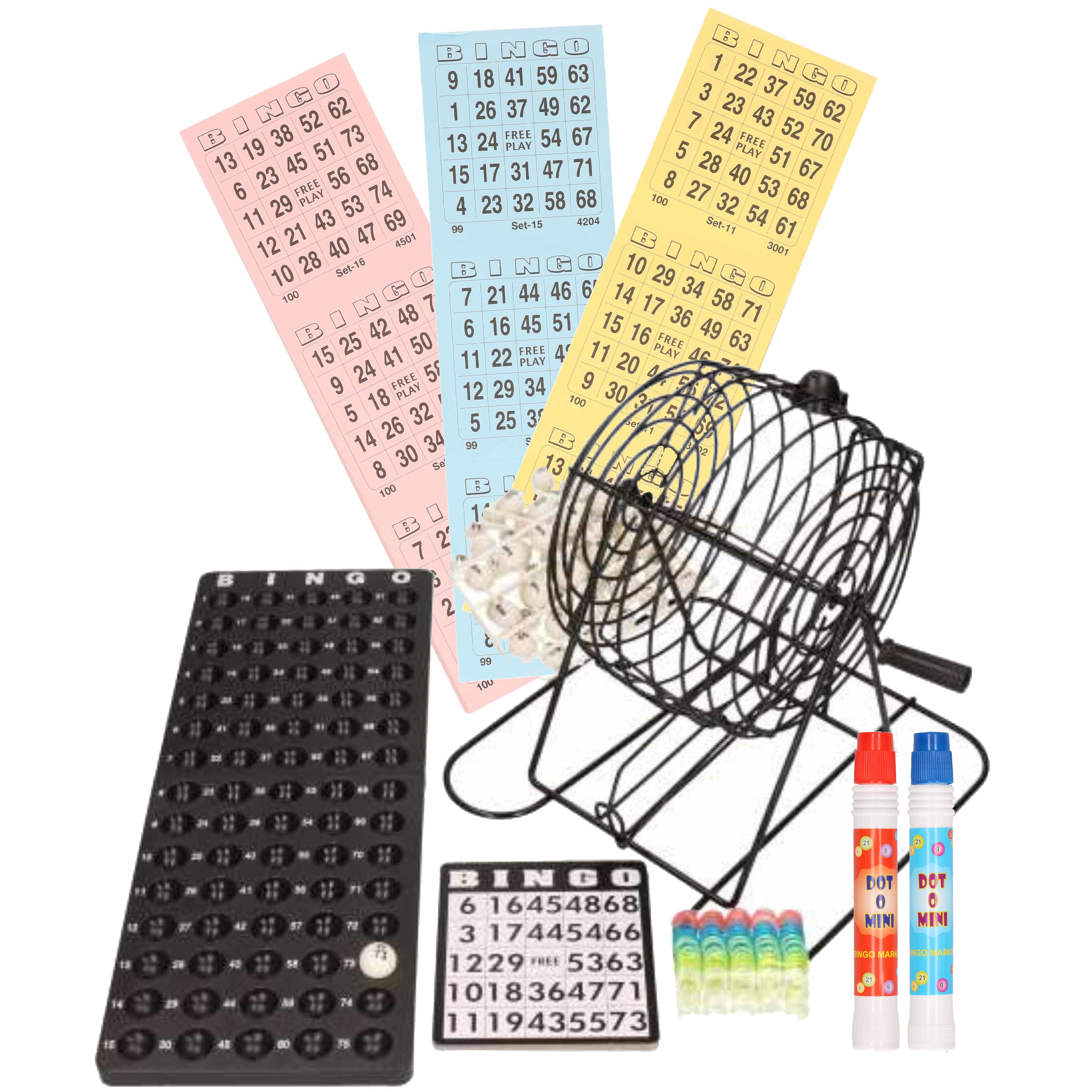 Bingospel zwart-wit 1-75 met bingomolen, 18 bingokaarten en 2 bingostiften