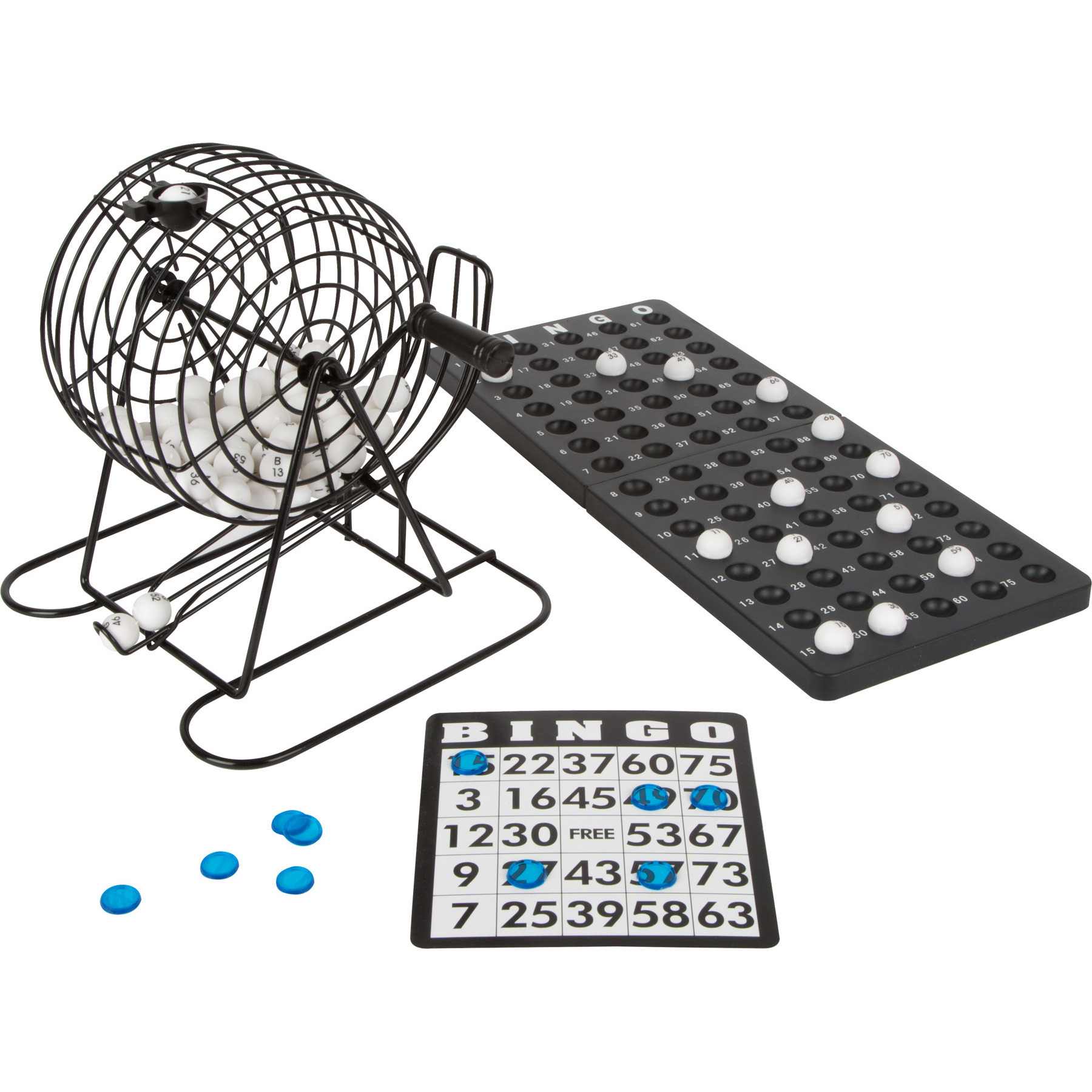 Bingospel zwart-wit 1-75 met bingomolen en 18 bingokaarten