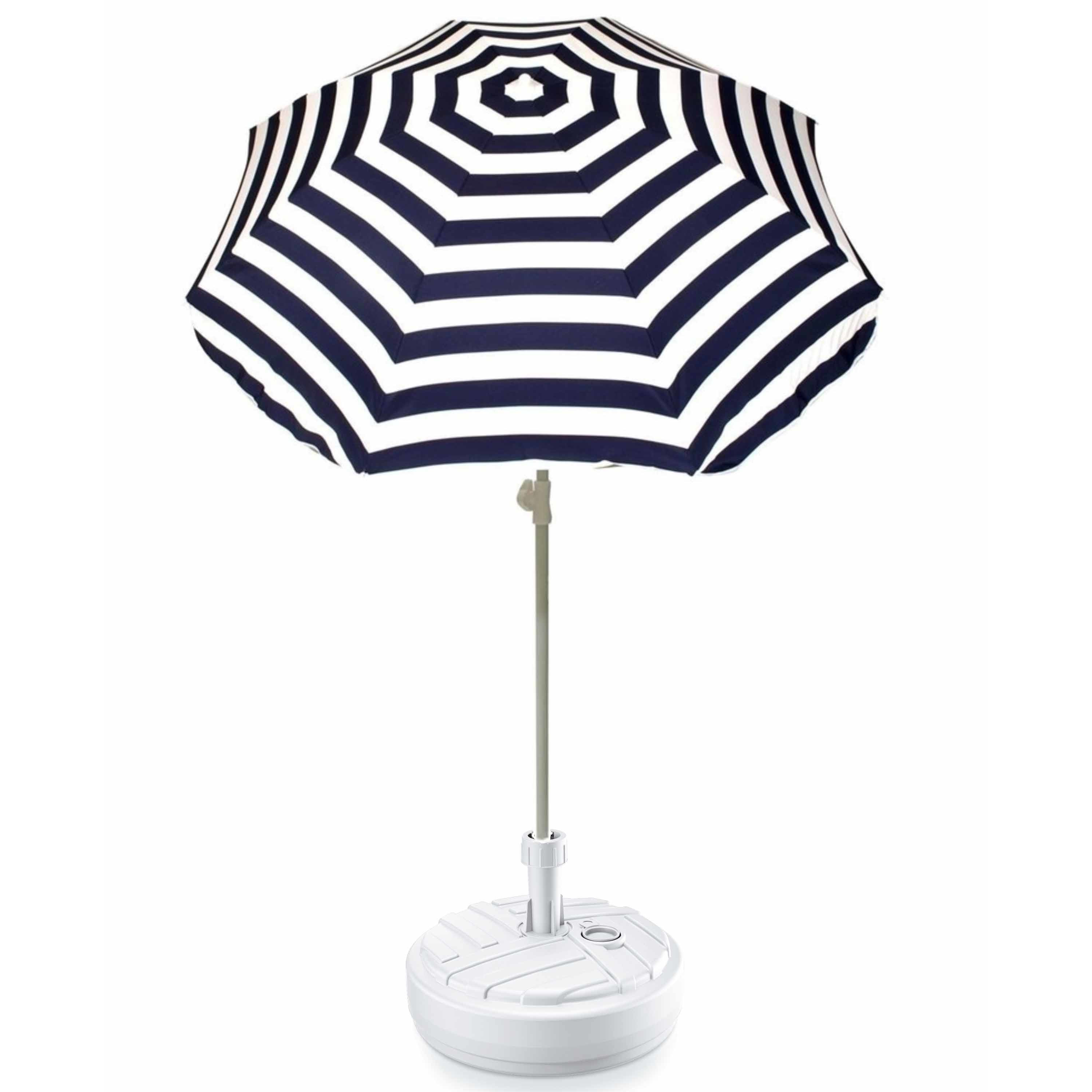 Blauw gestreepte strand-tuin basic parasol van nylon 180 cm + parasolvoet wit