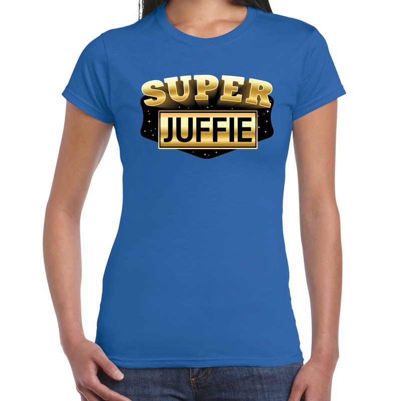 Blauw kado shirt met Superjuffie bedrukking voor dames