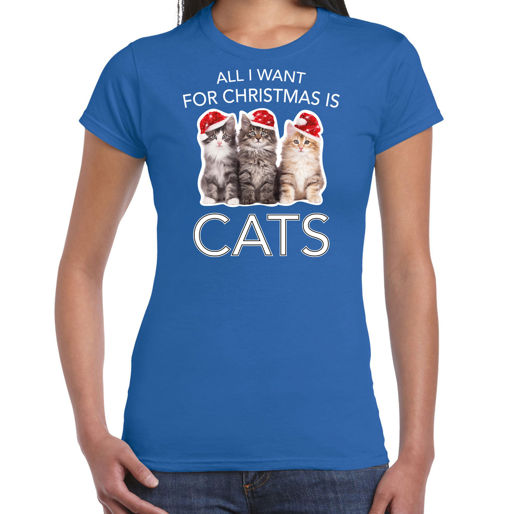 Blauw Kerstshirt-Kerstkleding All i want for Christmas is cats voor dames