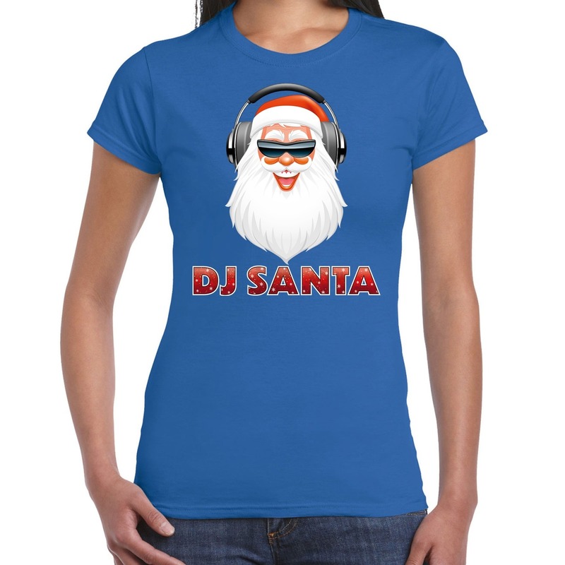 Blauw kerstshirt-kerstkleding DJ Santa met koptelefoon voor dames
