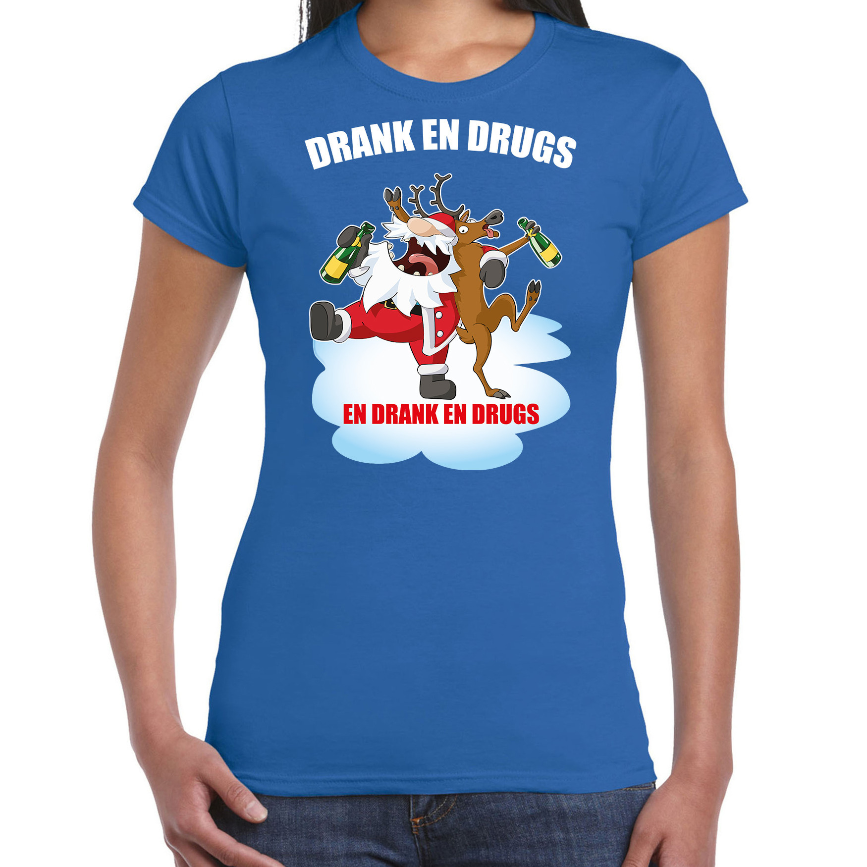 Blauw Kerstshirt-Kerstkleding Drank en drugs voor dames