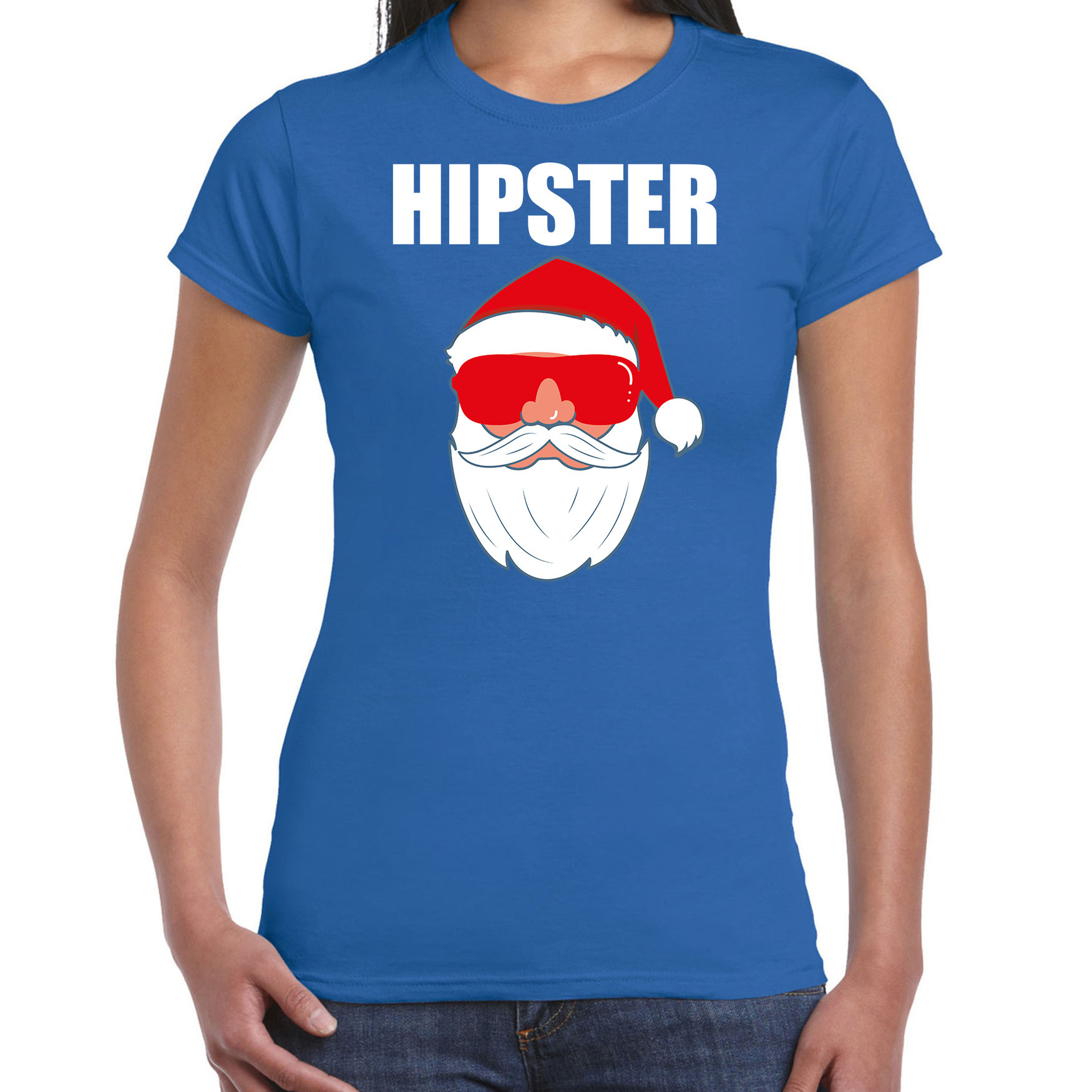 Blauw Kerstshirt-Kerstkleding Hipster voor dames met Kerstman met zonnebril