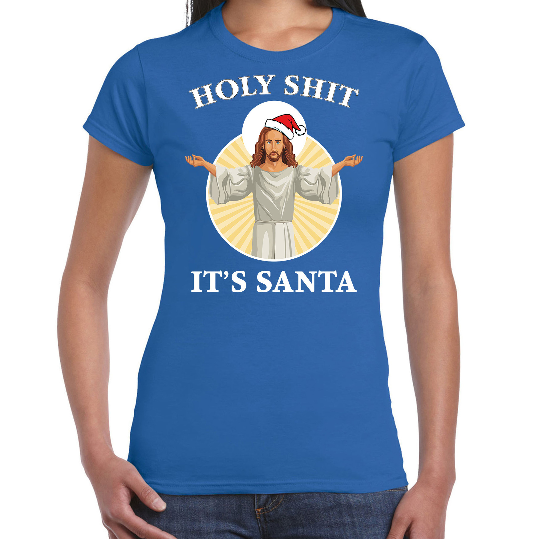Blauw Kerstshirt-Kerstkleding Holy shit its Santa voor dames