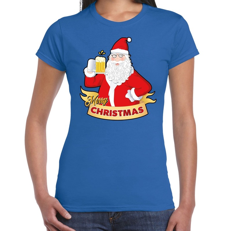 Blauw kerstshirt-kerstkleding santa met pul bier voor dames