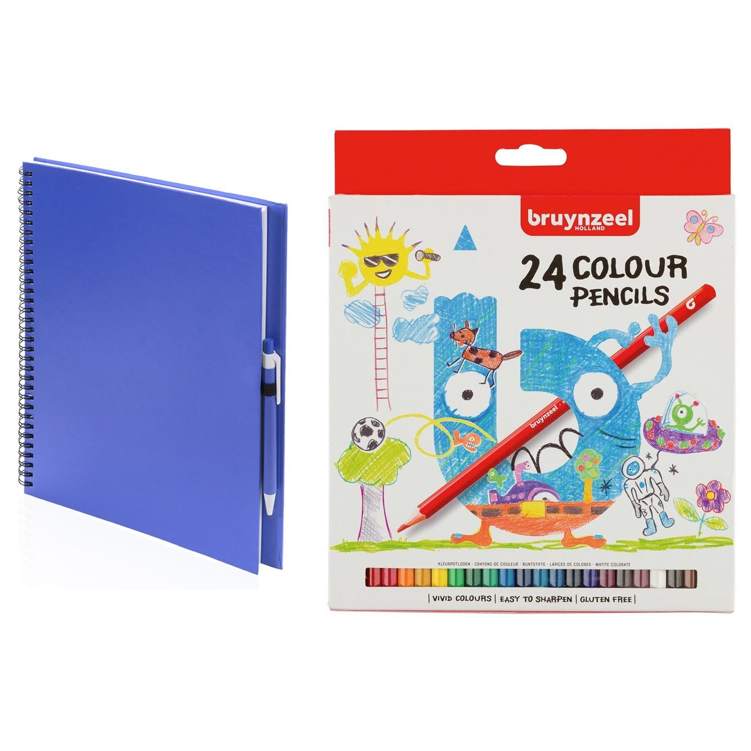 Blauw schetsboek-tekenboek met 24 kleurpotloden