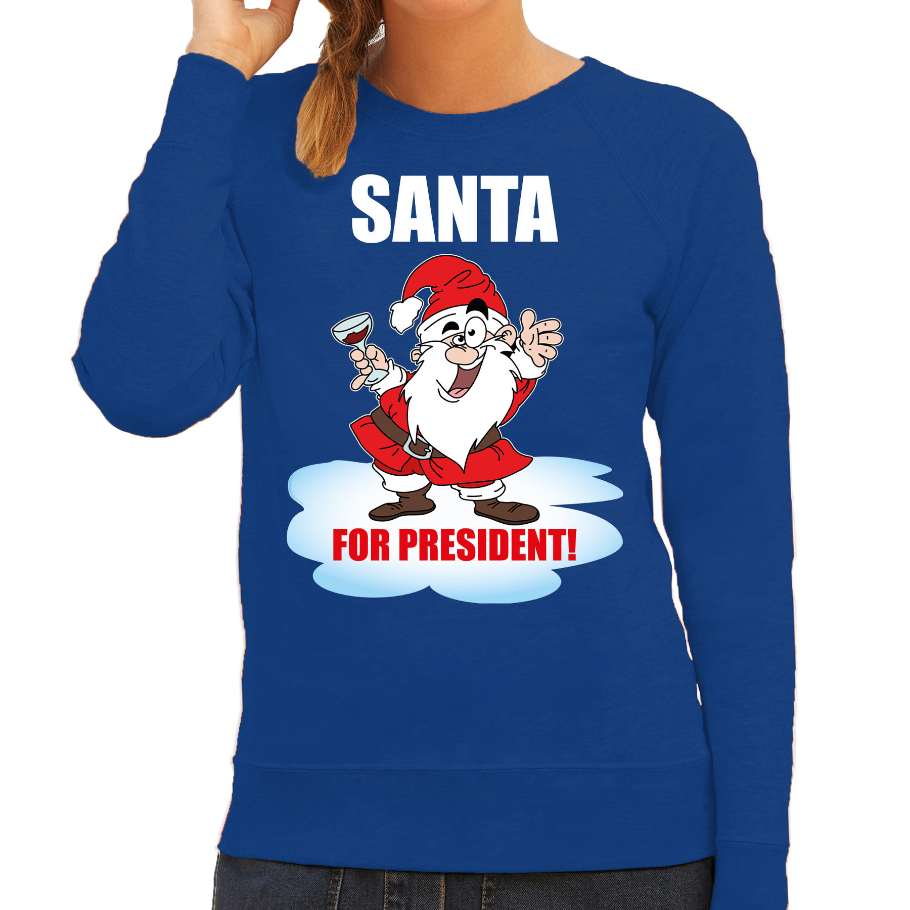 Blauwe foute Kersttrui-Kerstkleding Santa for president voor dames