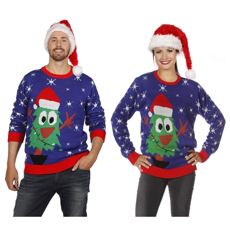 Blauwe kerst sweater met kerstboom voor volwassenen