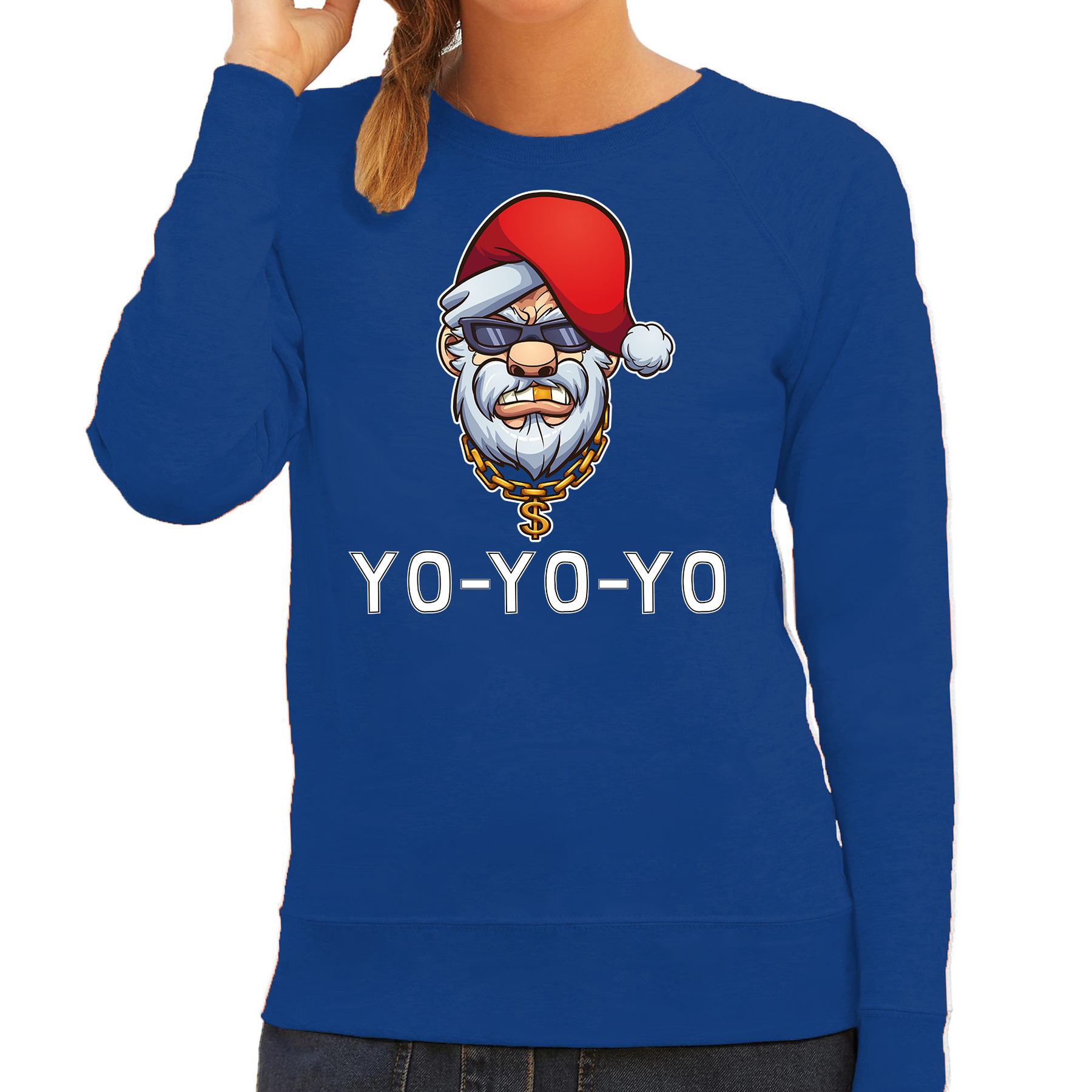Blauwe Kerstsweater-Kerstkleding Gangster-rapper Santa voor dames