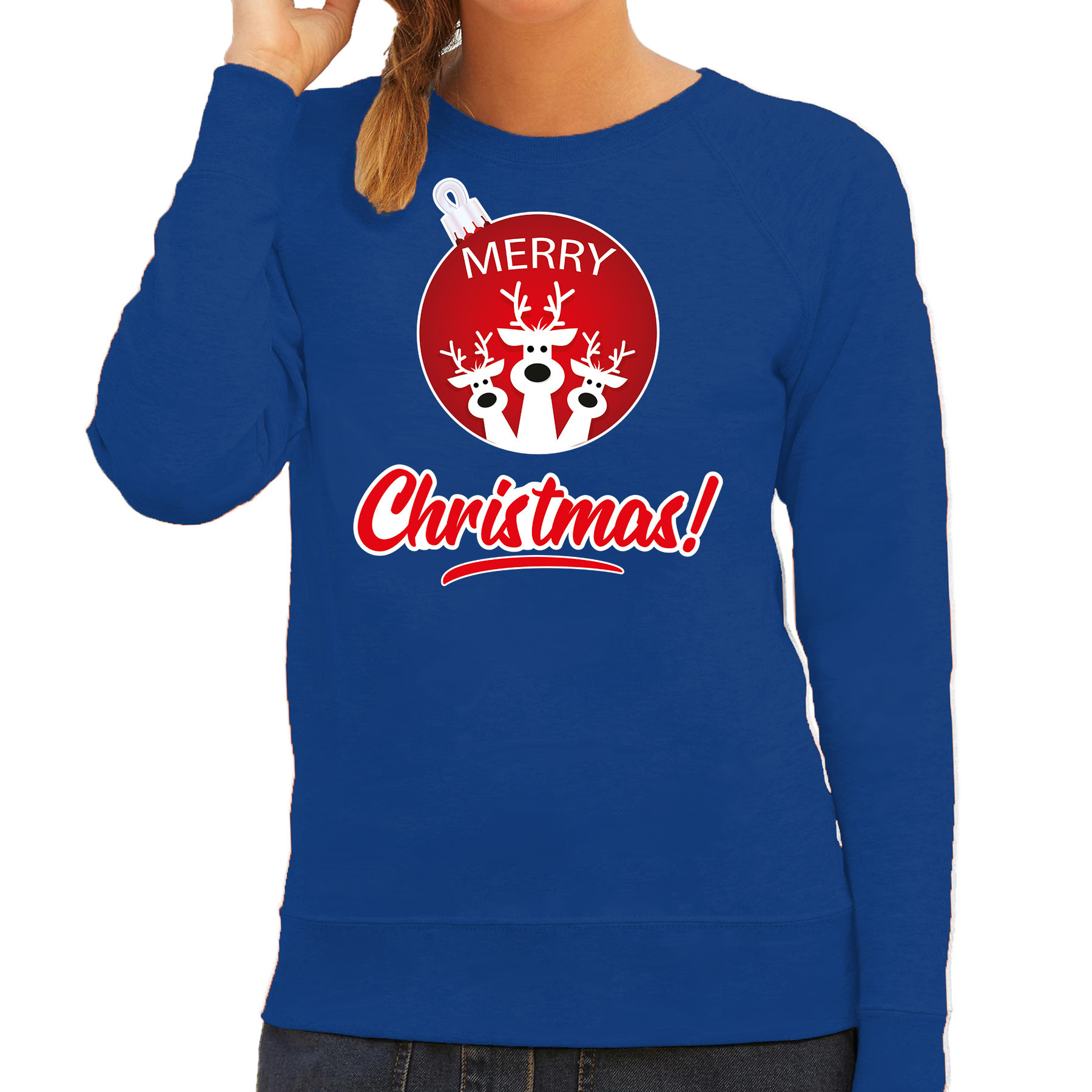 Blauwe Kersttrui-Kerstkleding Merry Christmas voor dames met rendier kerstbal