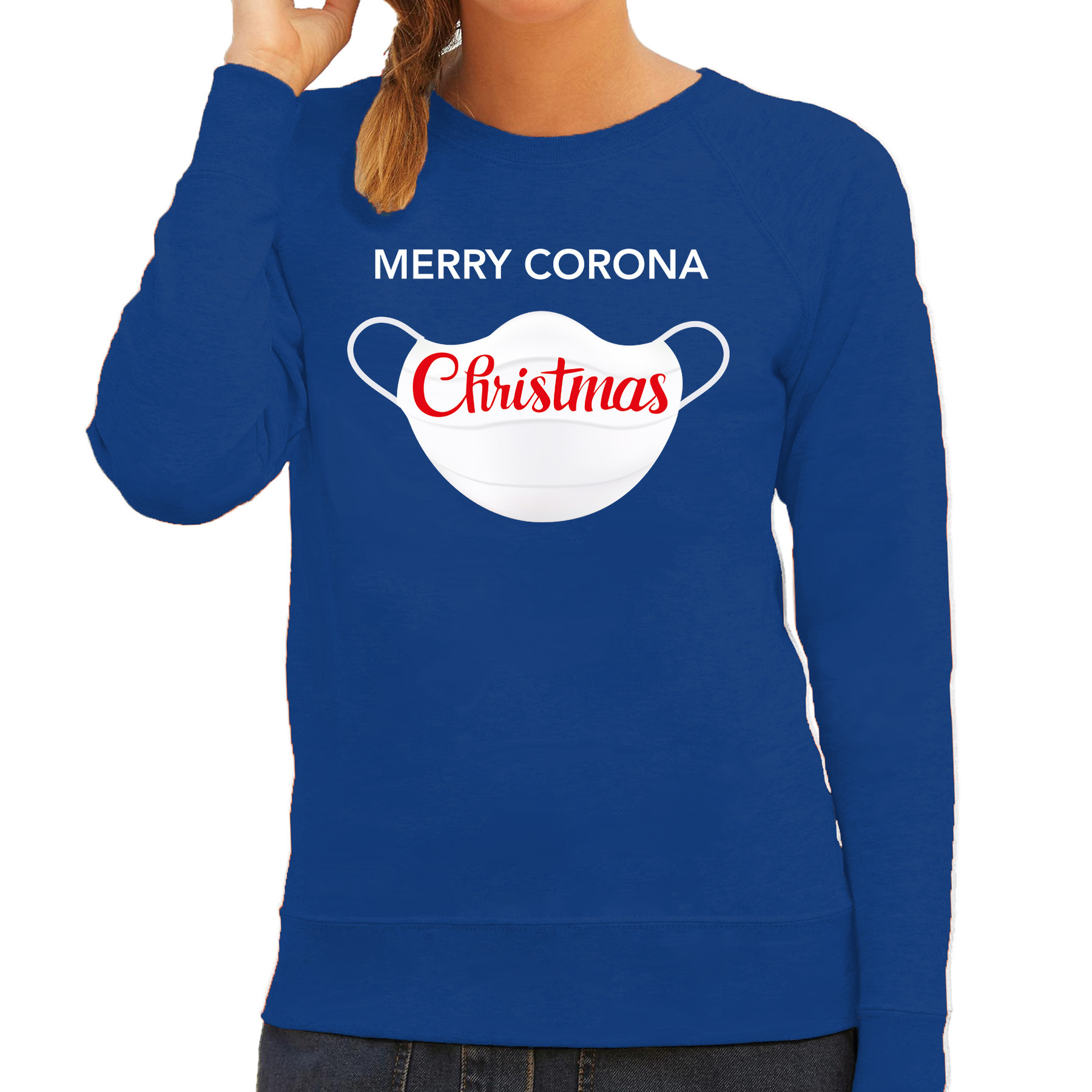 Blauwe Kersttrui-Kerstkleding Merry corona Christmas voor dames