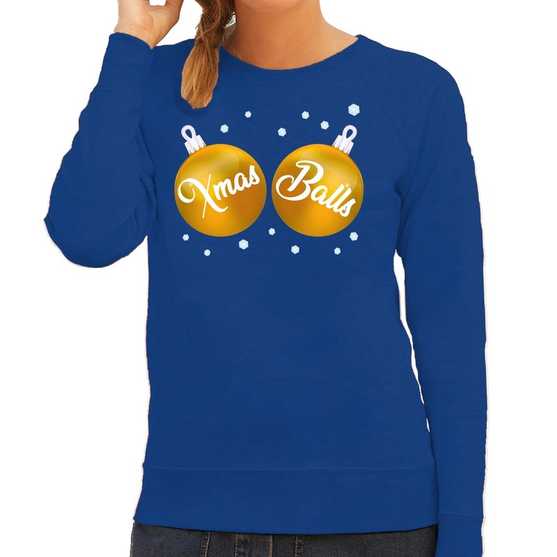 Blauwe kersttrui-kerstkleding met gouden Xmas Balls voor dames