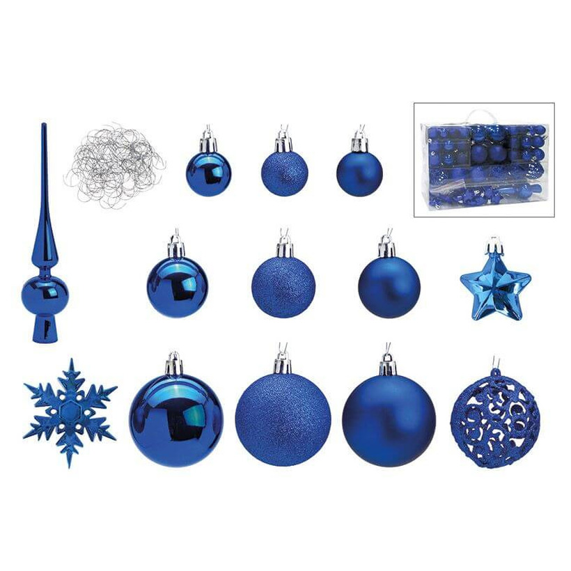 Blauwe kunststof kerstballen 3-4-6 cm en kerstversiering set 111-delig