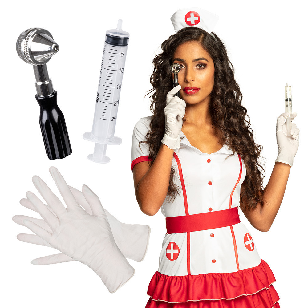 Boland Carnaval-verkleed accessoires Zuster-verpleegster hoedje-spuit-otoscoop-handschoenen