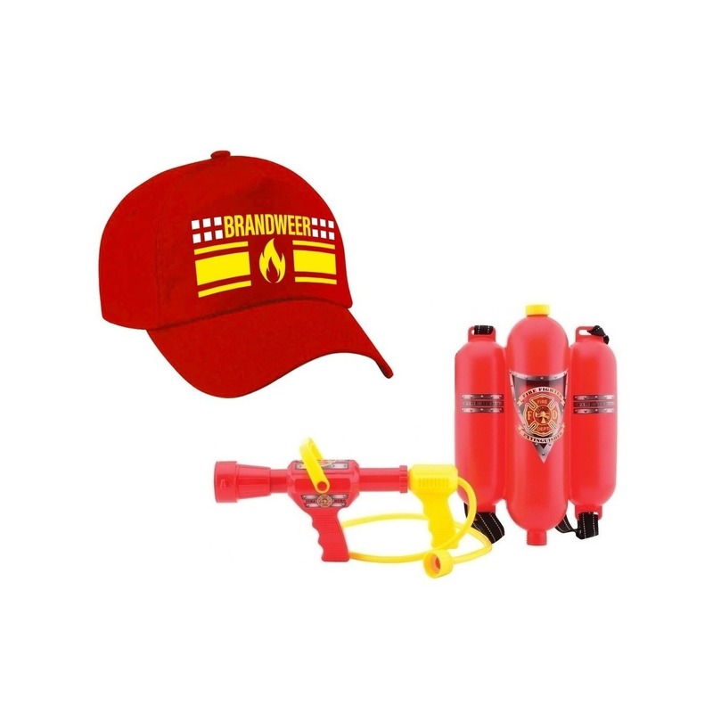 Brandweer met vlam carnaval pet met waterpistool brandblusser