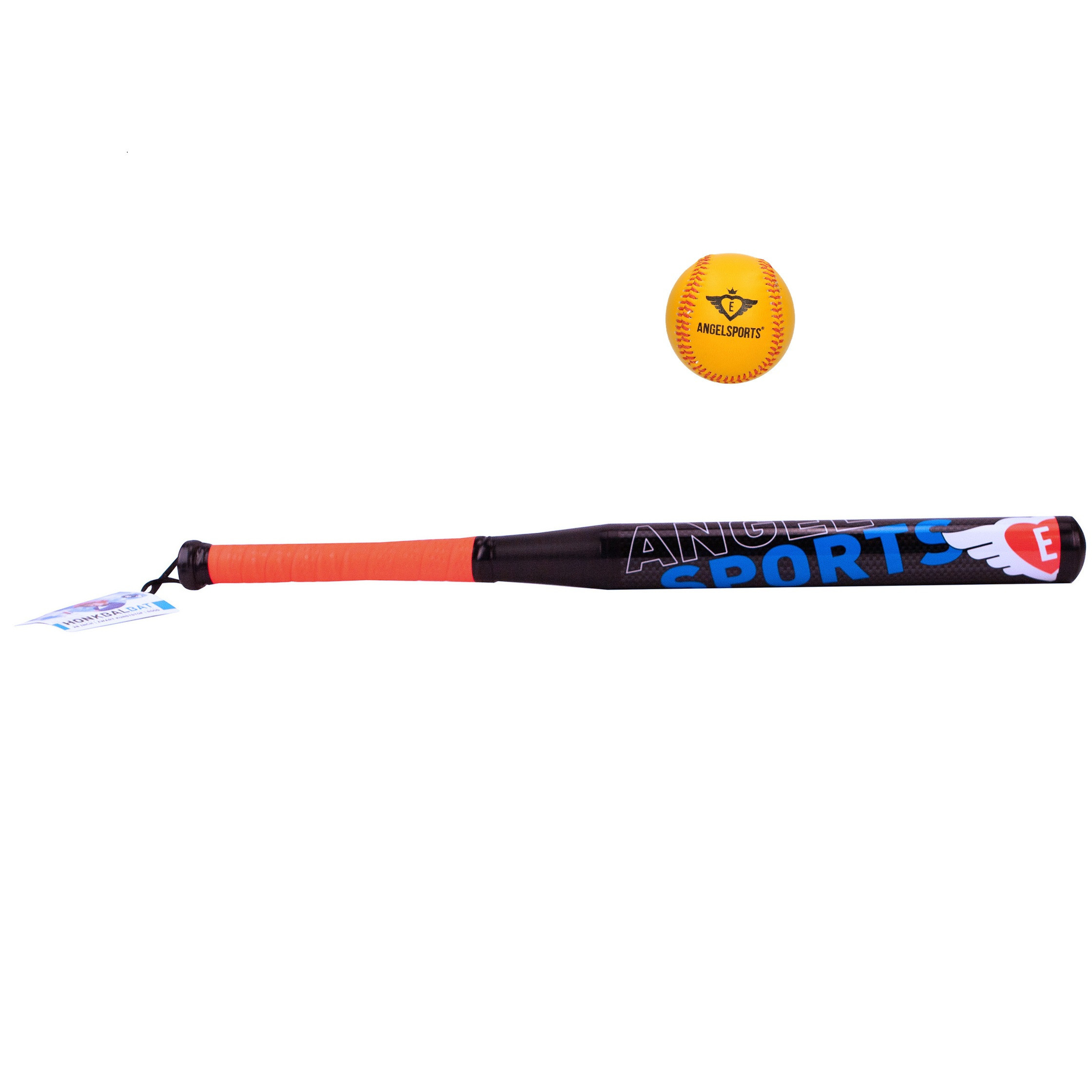 Buitenspeelgoed honkbal knuppel van kunststof zwart-rood 70 cm + honkbal-softbal oranje 10 cm