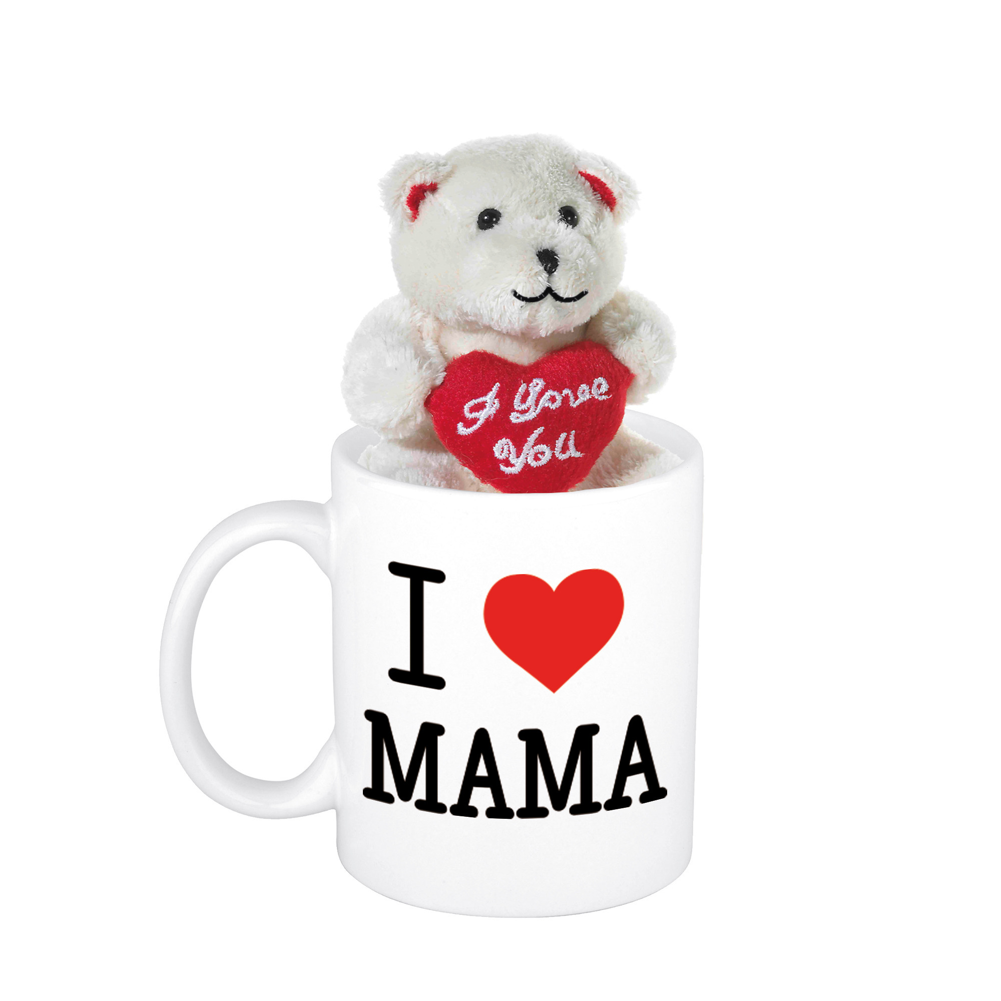 Cadeau beker I love Mama + beertje met hartje Moederdag- moeder cadeautje