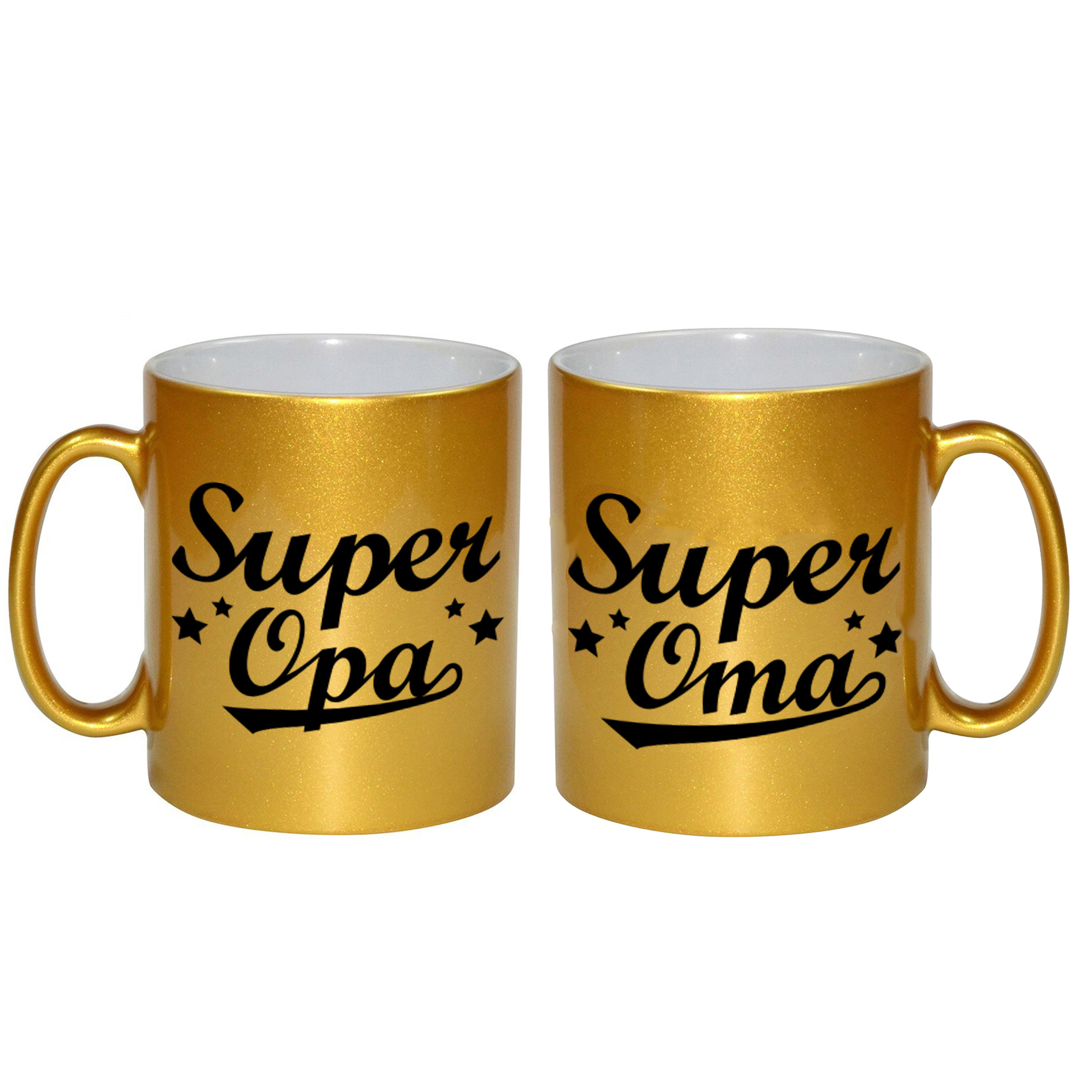 Cadeau set Super oma-opa koffie mokken-bekers goud 330 ml