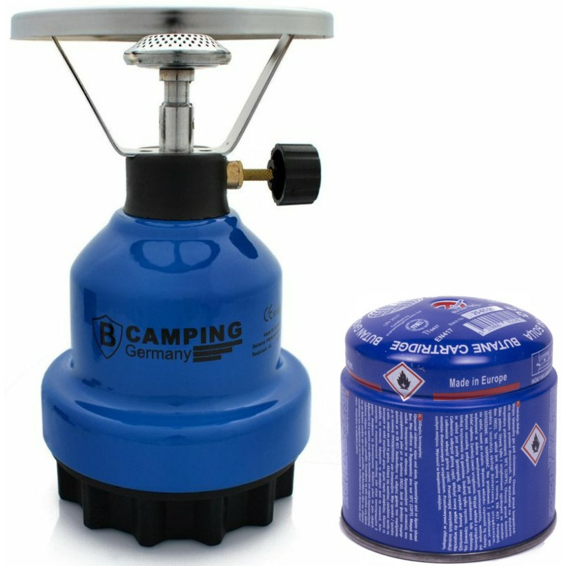 Camping kookstel metaal blauw incl. gas navulling priktank 190 gram